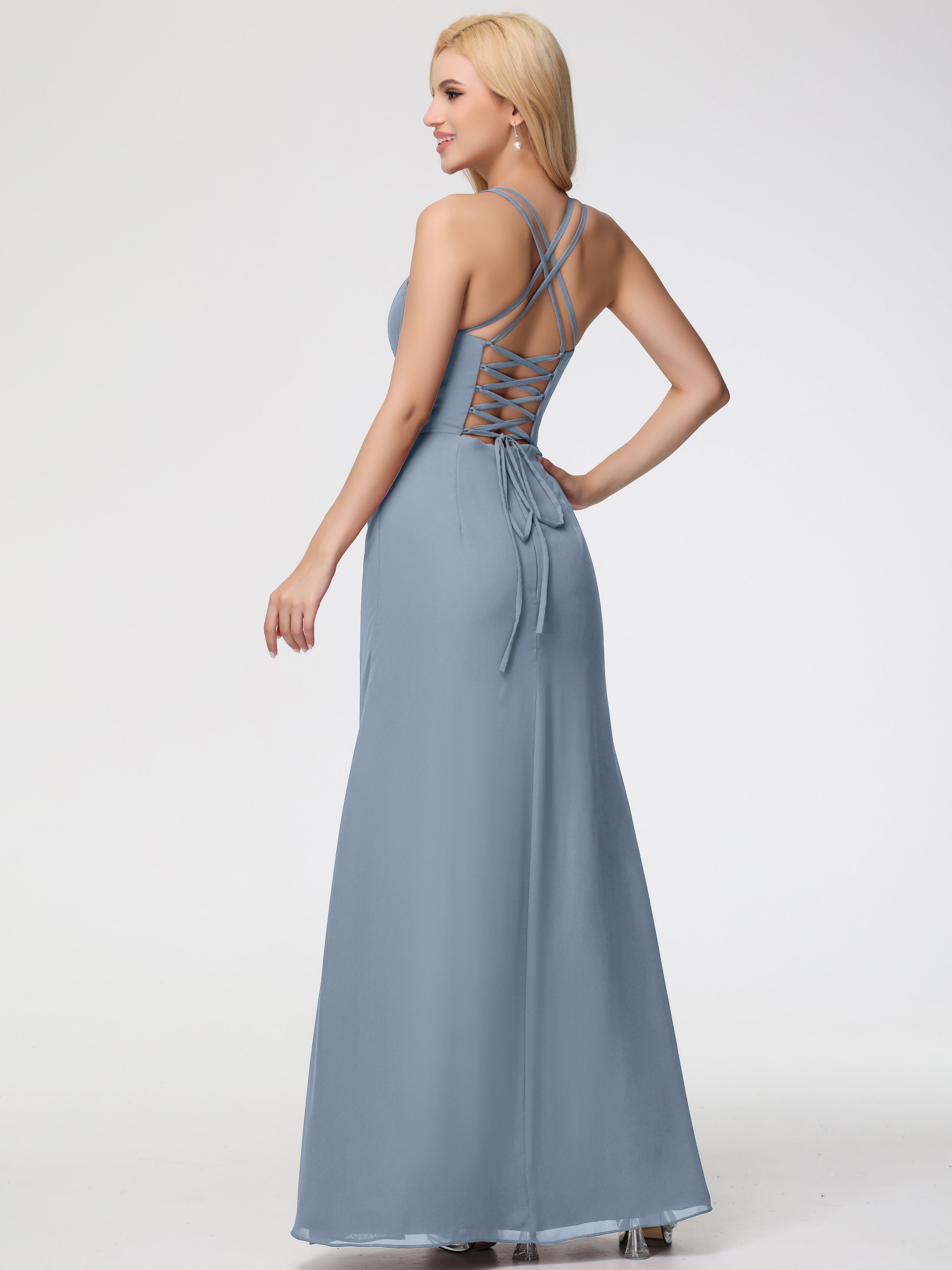 Spaghetti Straps Sheath/Column Long Chiffon Bridesmaid Dresses With Split