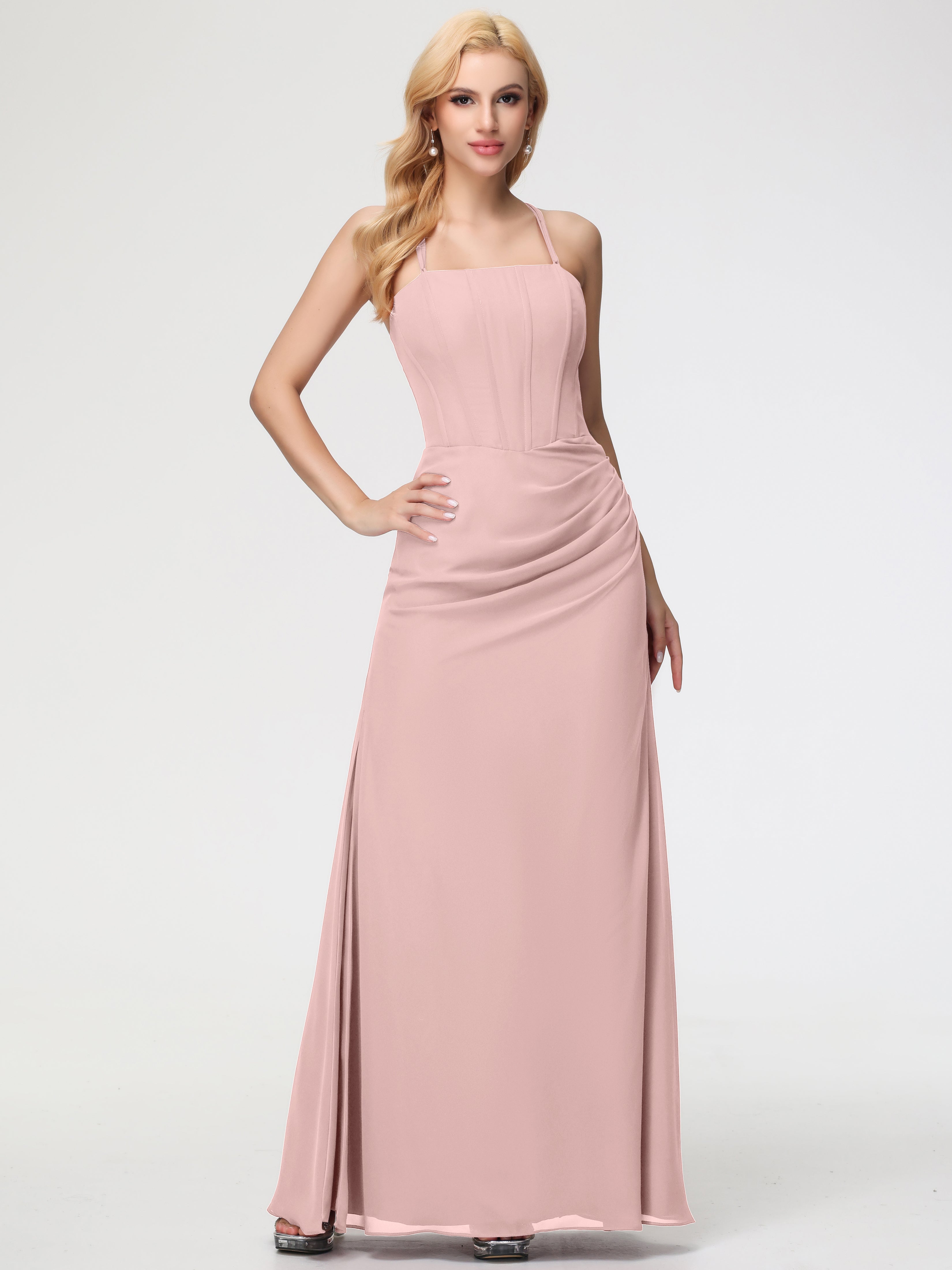 Spaghetti Straps Sheath/Column Long Chiffon Bridesmaid Dresses With Split