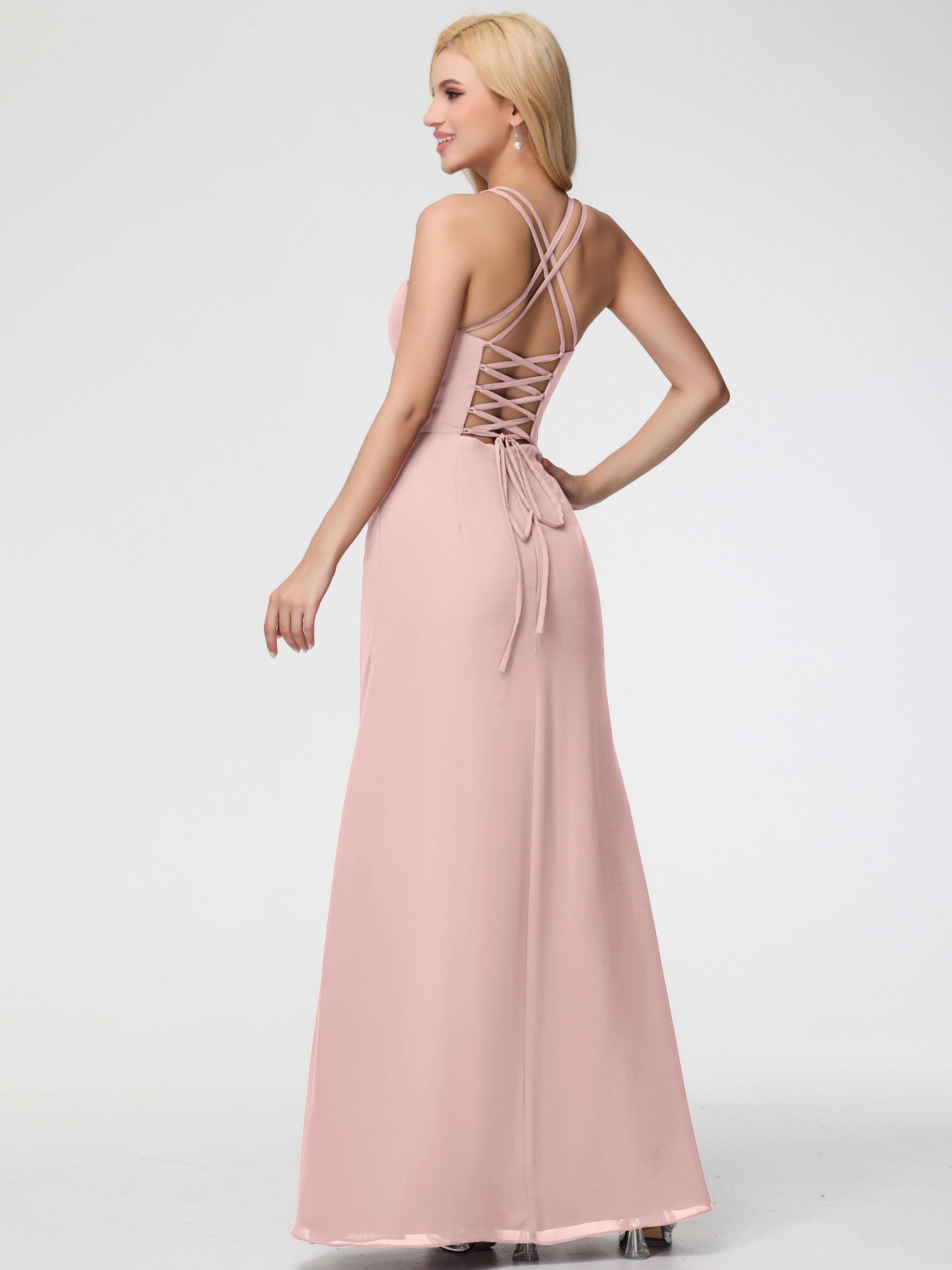 Spaghetti Straps Sheath/Column Long Chiffon Bridesmaid Dresses With Split