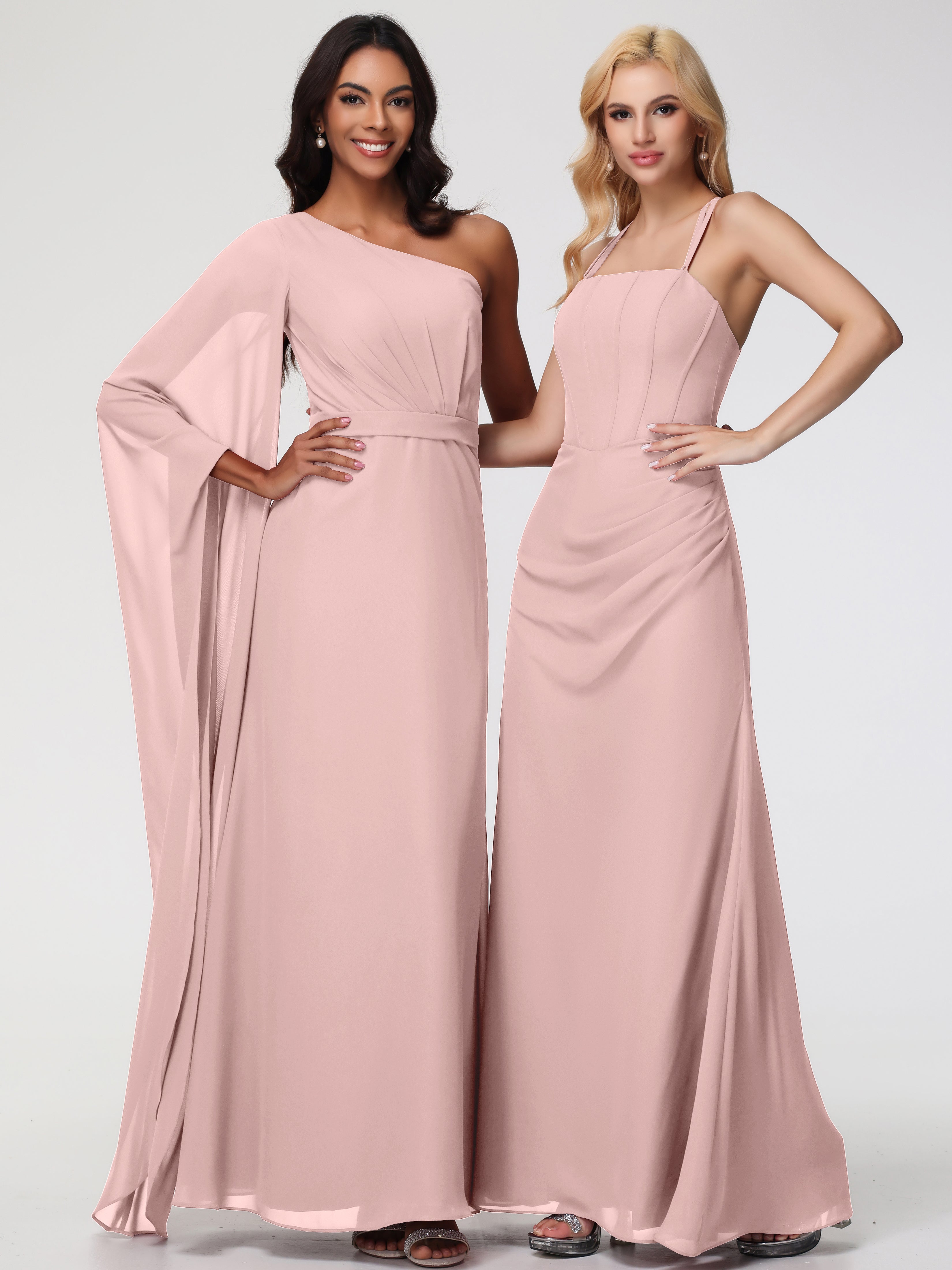 Spaghetti Straps Sheath/Column Long Chiffon Bridesmaid Dresses With Split