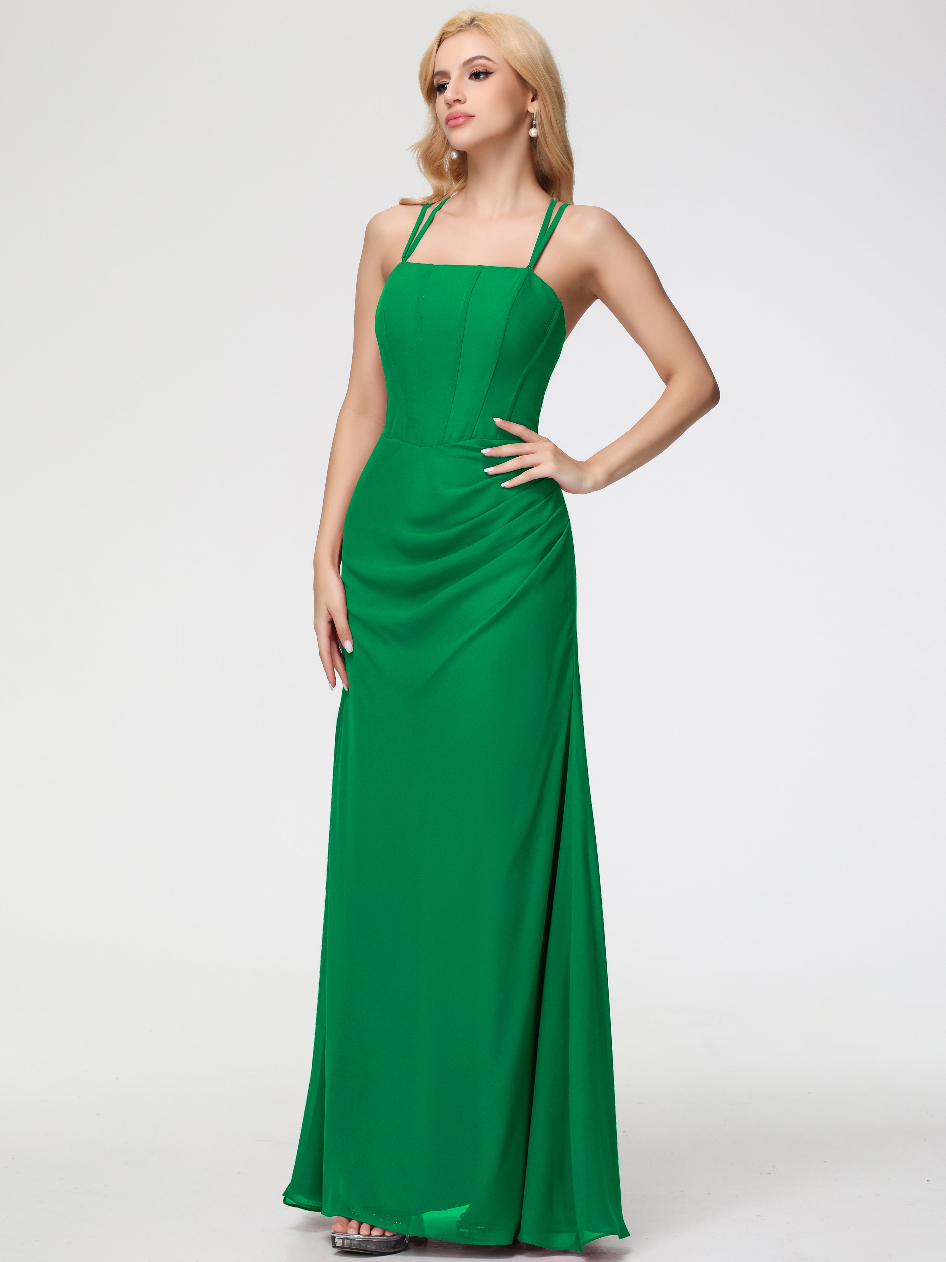 Spaghetti Straps Sheath/Column Long Chiffon Bridesmaid Dresses With Split