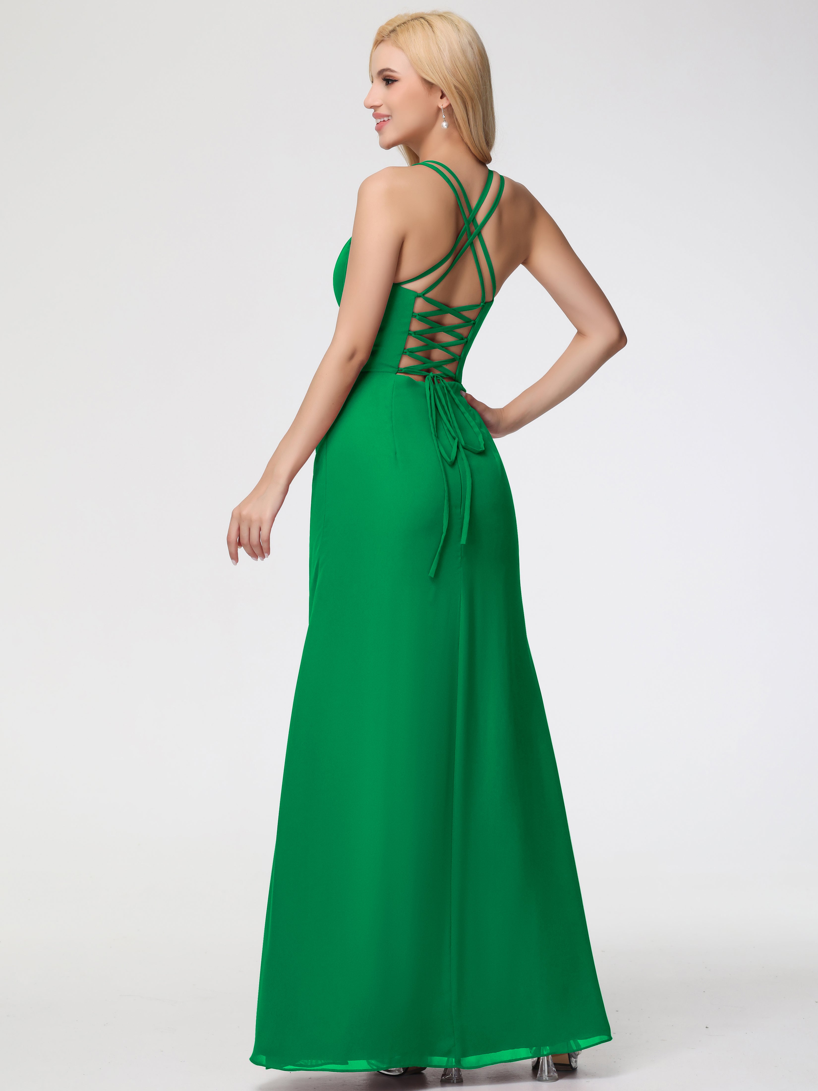 Spaghetti Straps Sheath/Column Long Chiffon Bridesmaid Dresses With Split