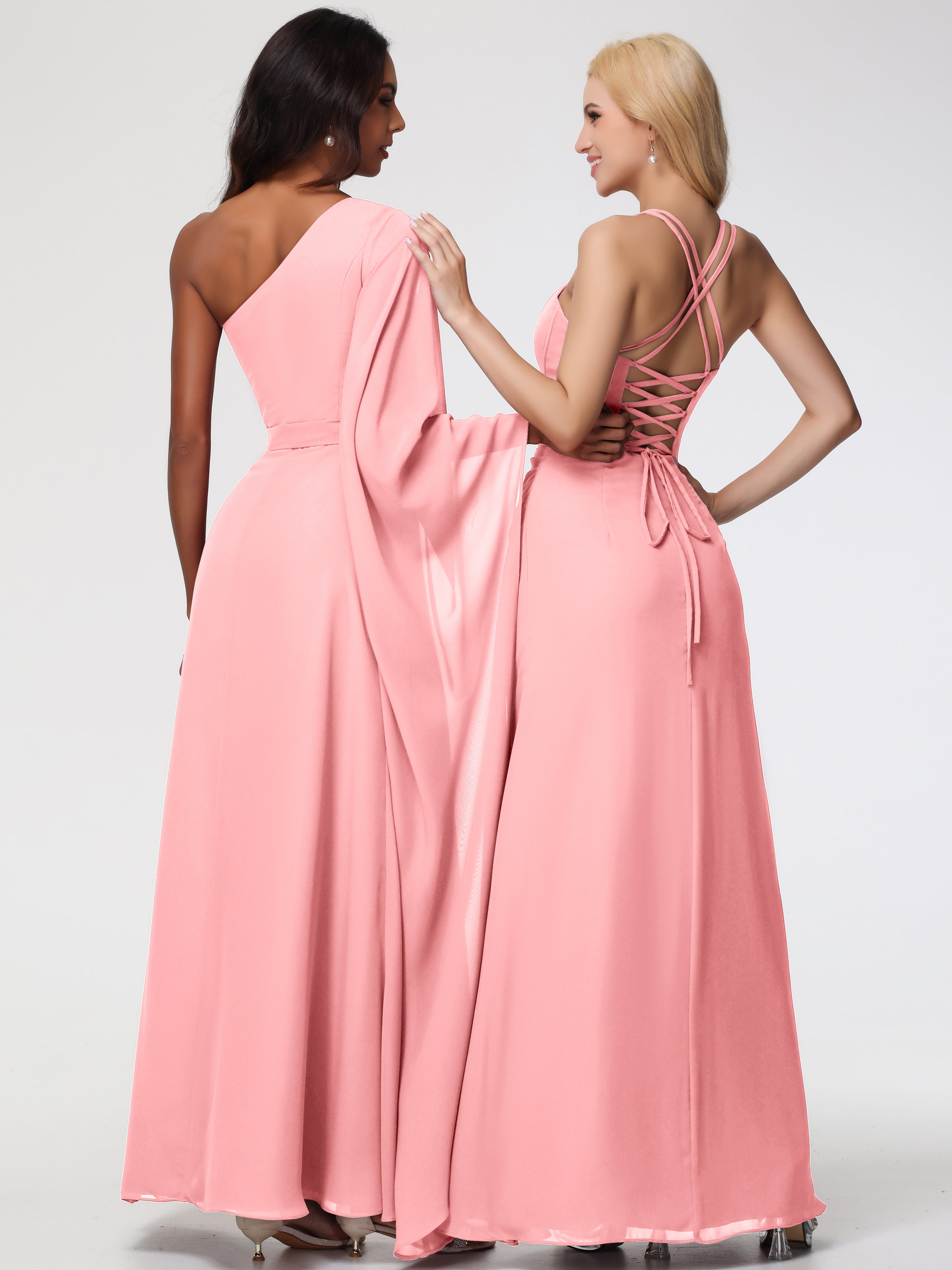 Spaghetti Straps Sheath/Column Long Chiffon Bridesmaid Dresses With Split