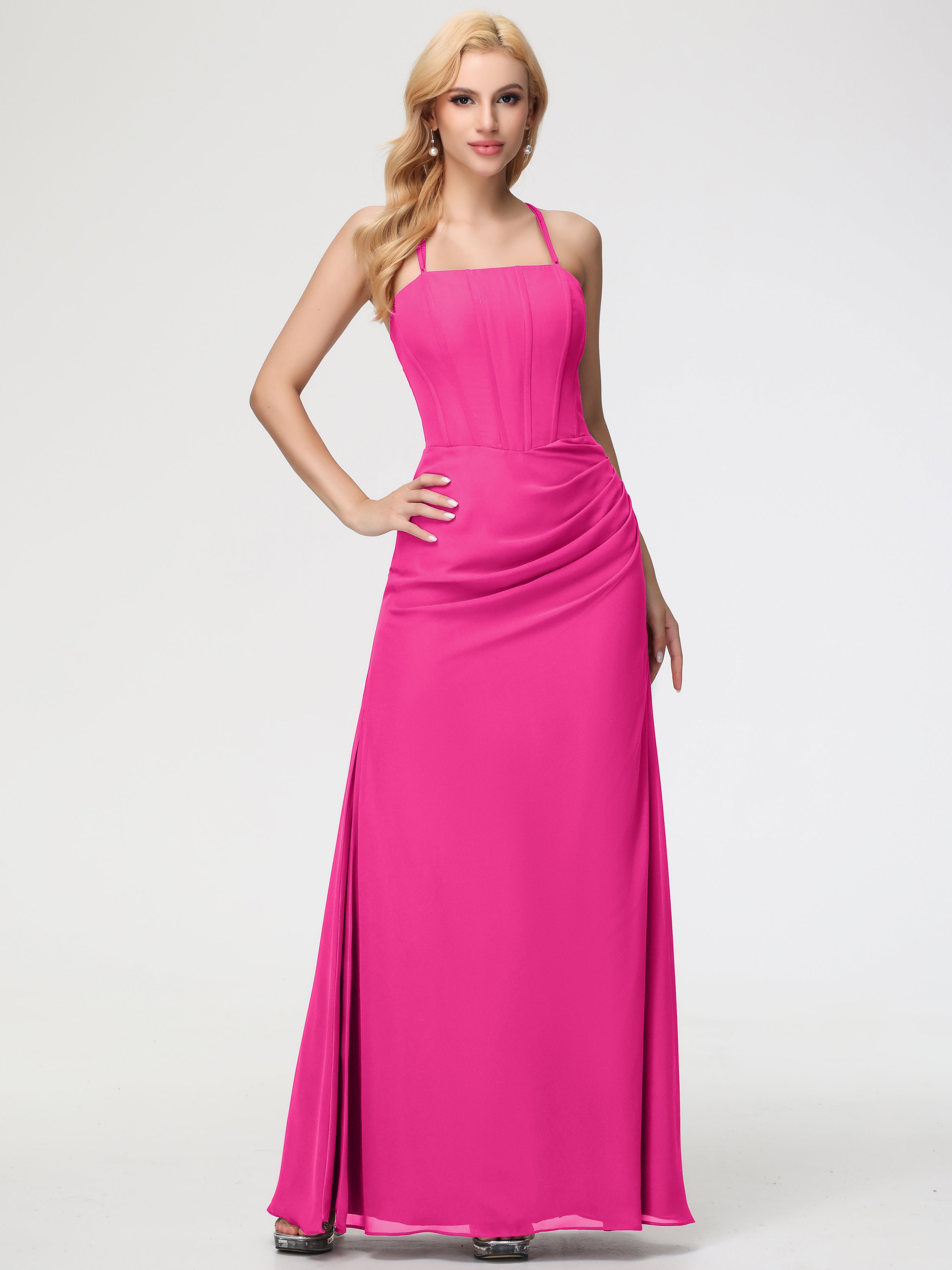 Spaghetti Straps Sheath/Column Long Chiffon Bridesmaid Dresses With Split