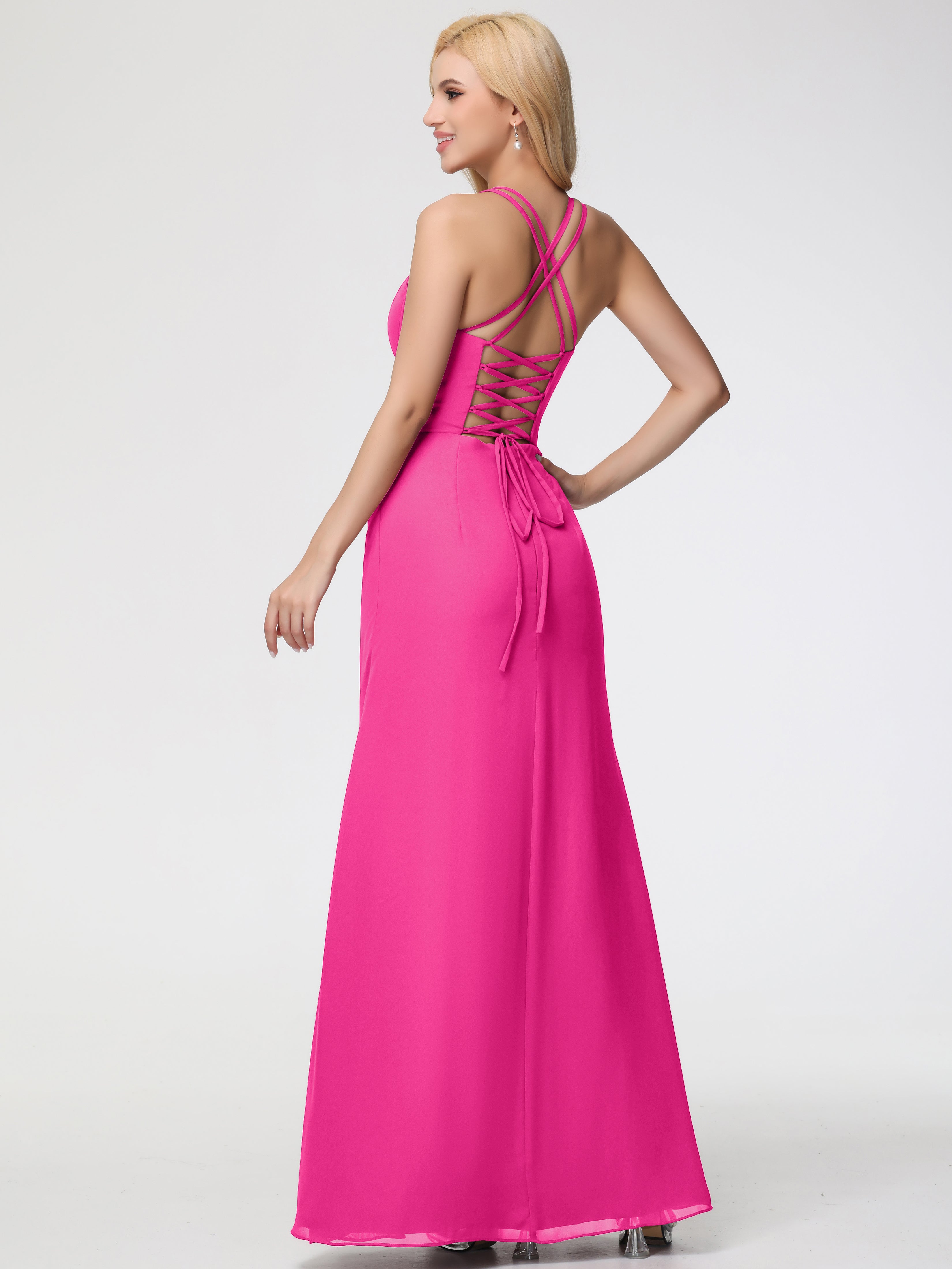 Spaghetti Straps Sheath/Column Long Chiffon Bridesmaid Dresses With Split