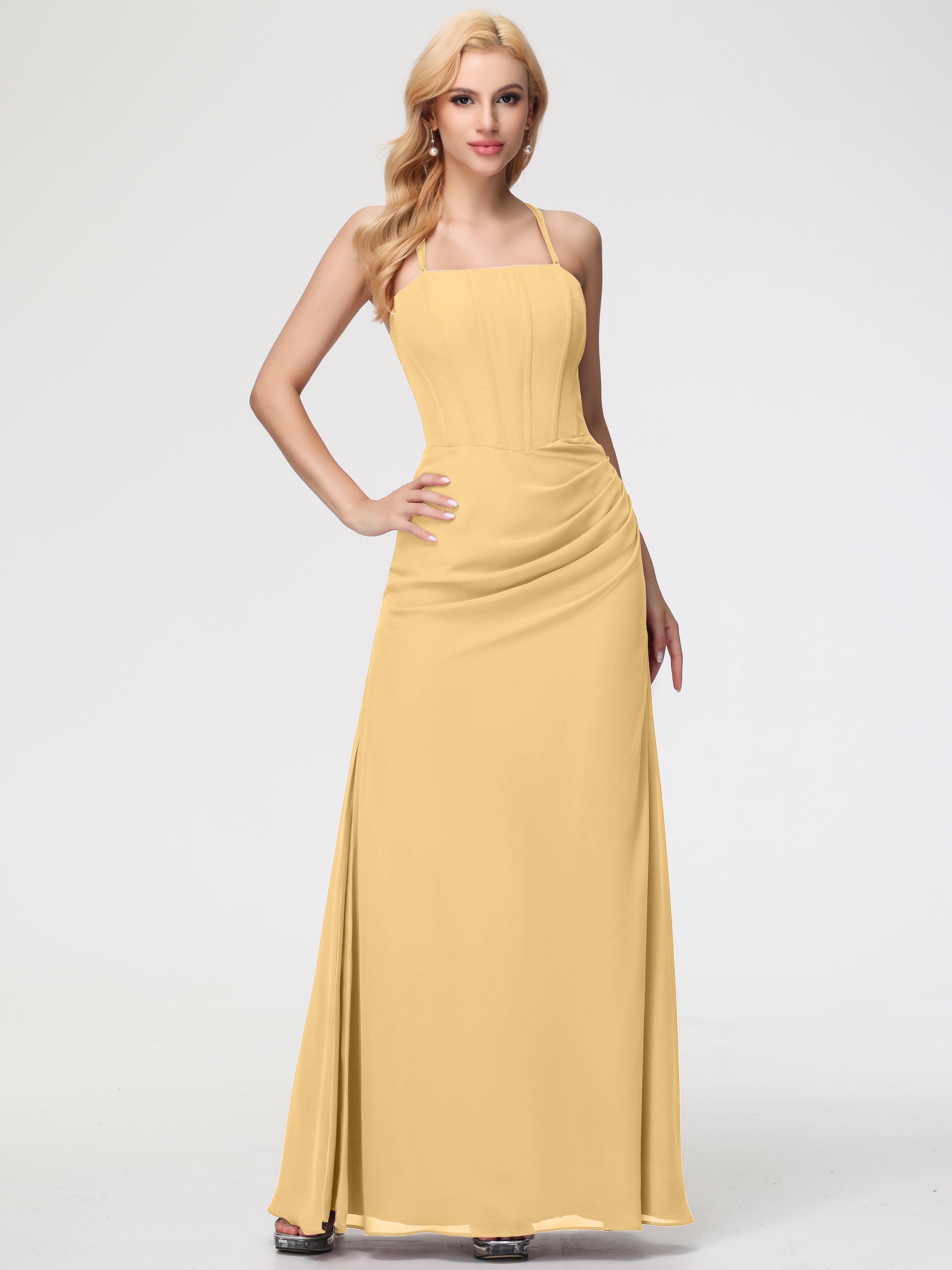 Spaghetti Straps Sheath/Column Long Chiffon Bridesmaid Dresses With Split