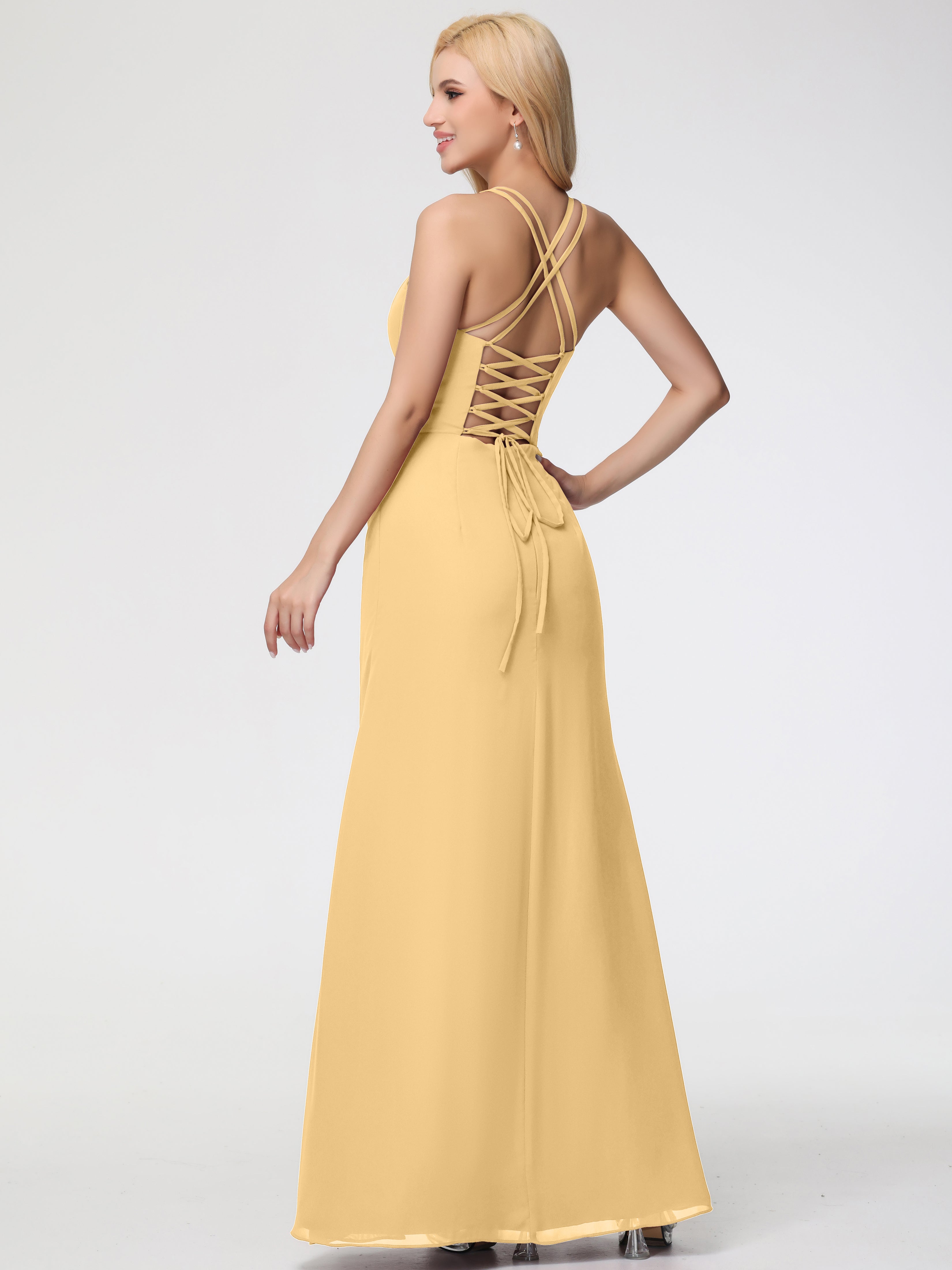 Spaghetti Straps Sheath/Column Long Chiffon Bridesmaid Dresses With Split