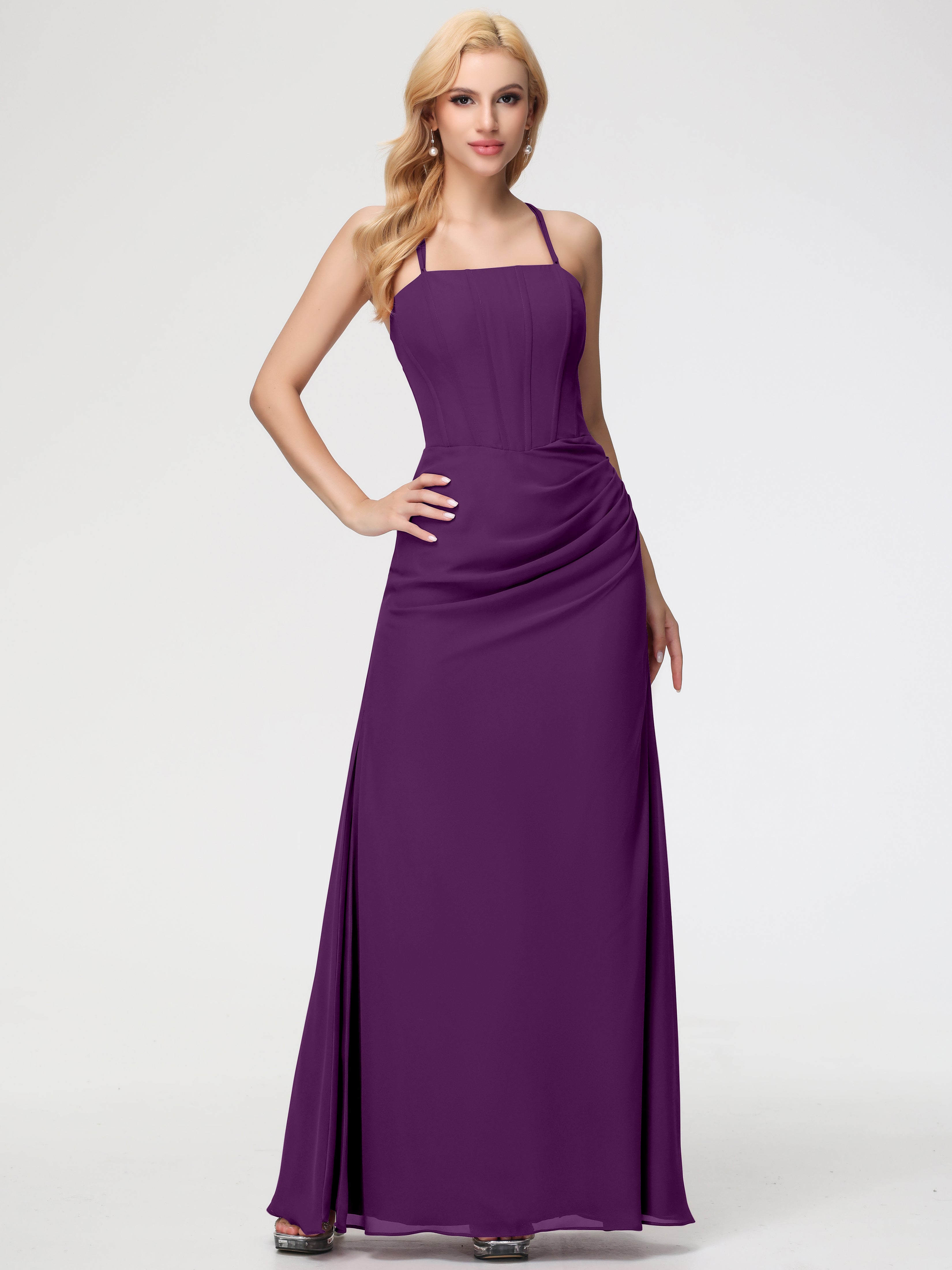 Spaghetti Straps Sheath/Column Long Chiffon Bridesmaid Dresses With Split