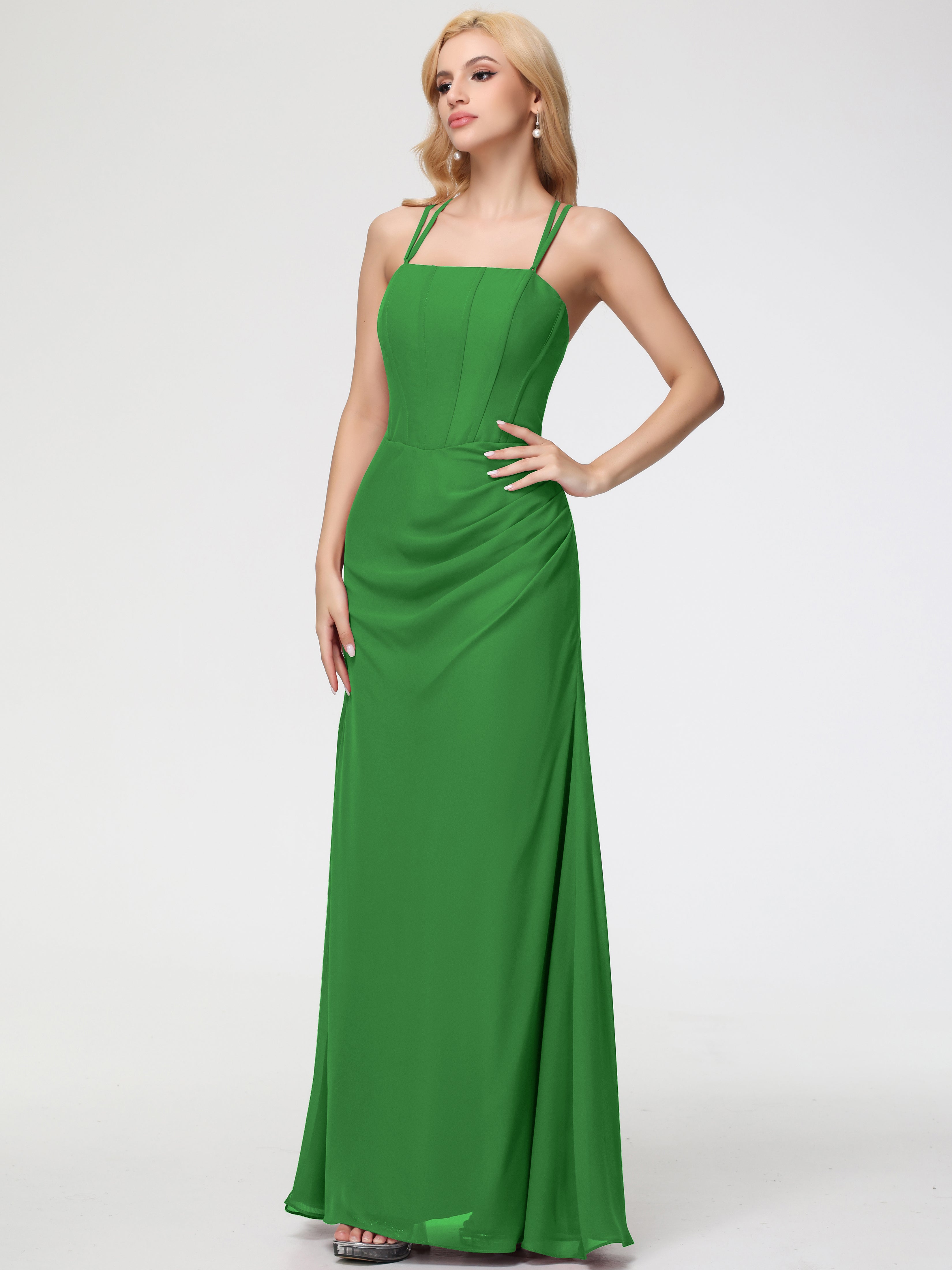 Spaghetti Straps Sheath/Column Long Chiffon Bridesmaid Dresses With Split