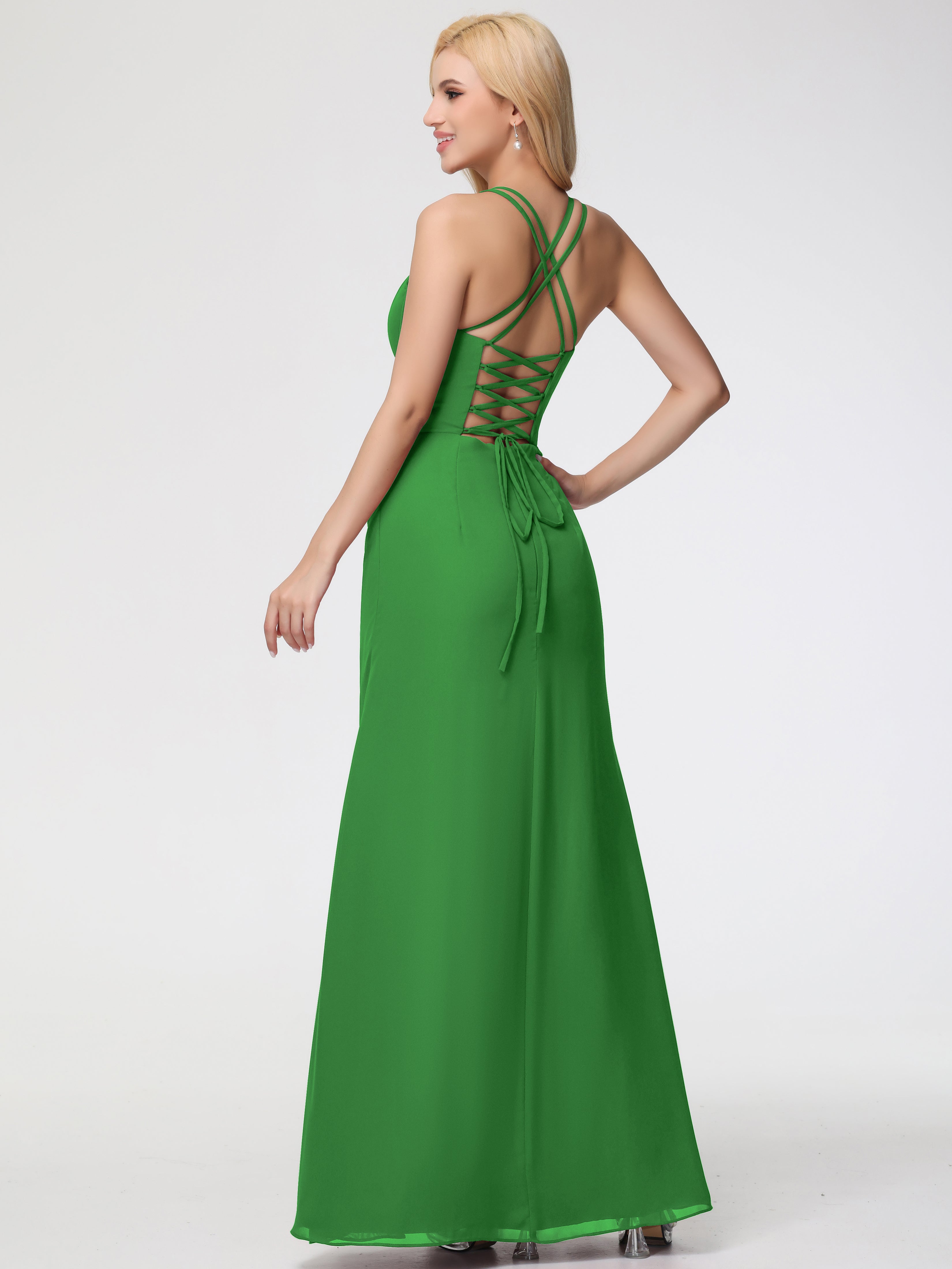 Spaghetti Straps Sheath/Column Long Chiffon Bridesmaid Dresses With Split