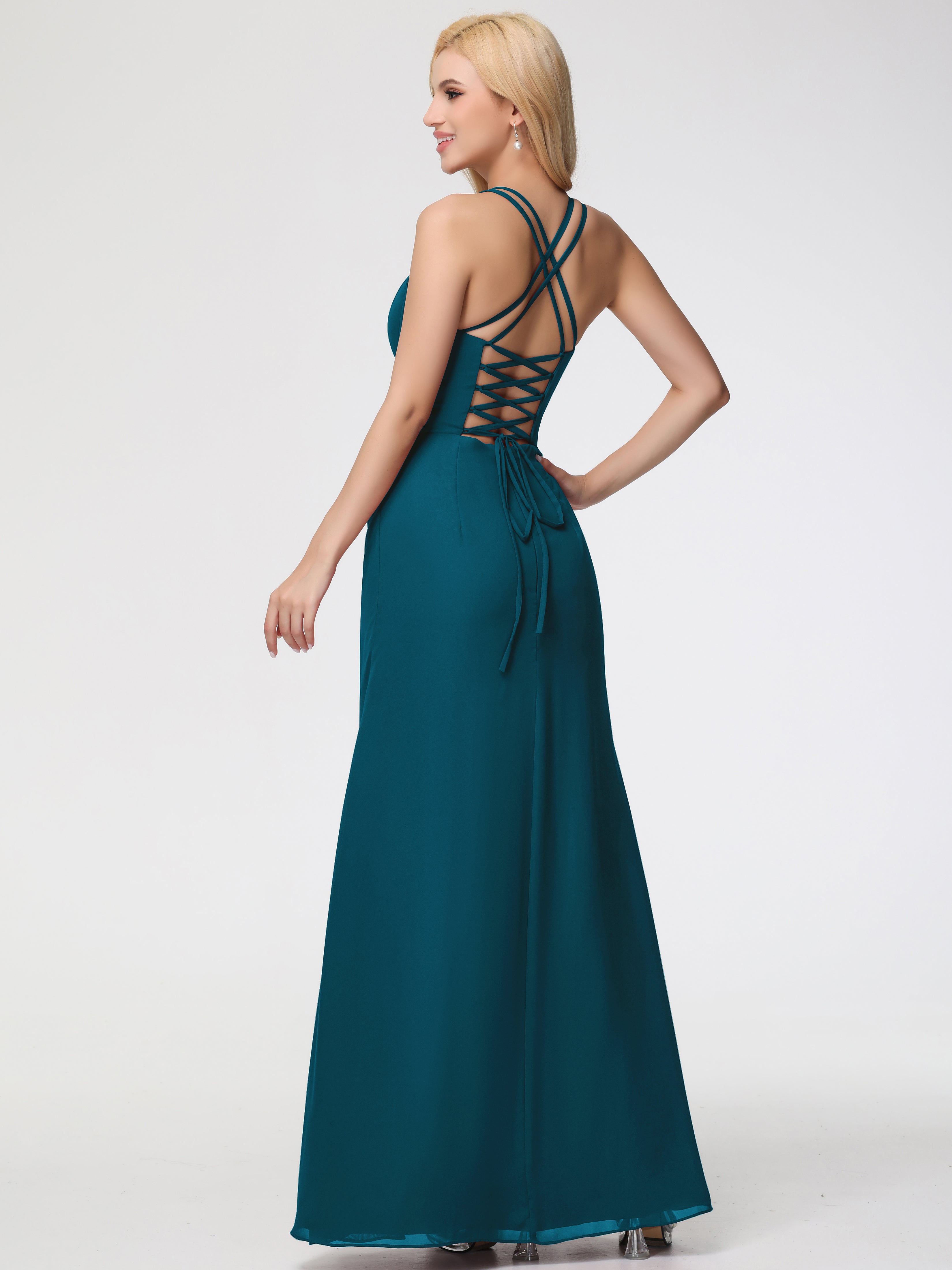 Spaghetti Straps Sheath/Column Long Chiffon Bridesmaid Dresses With Split