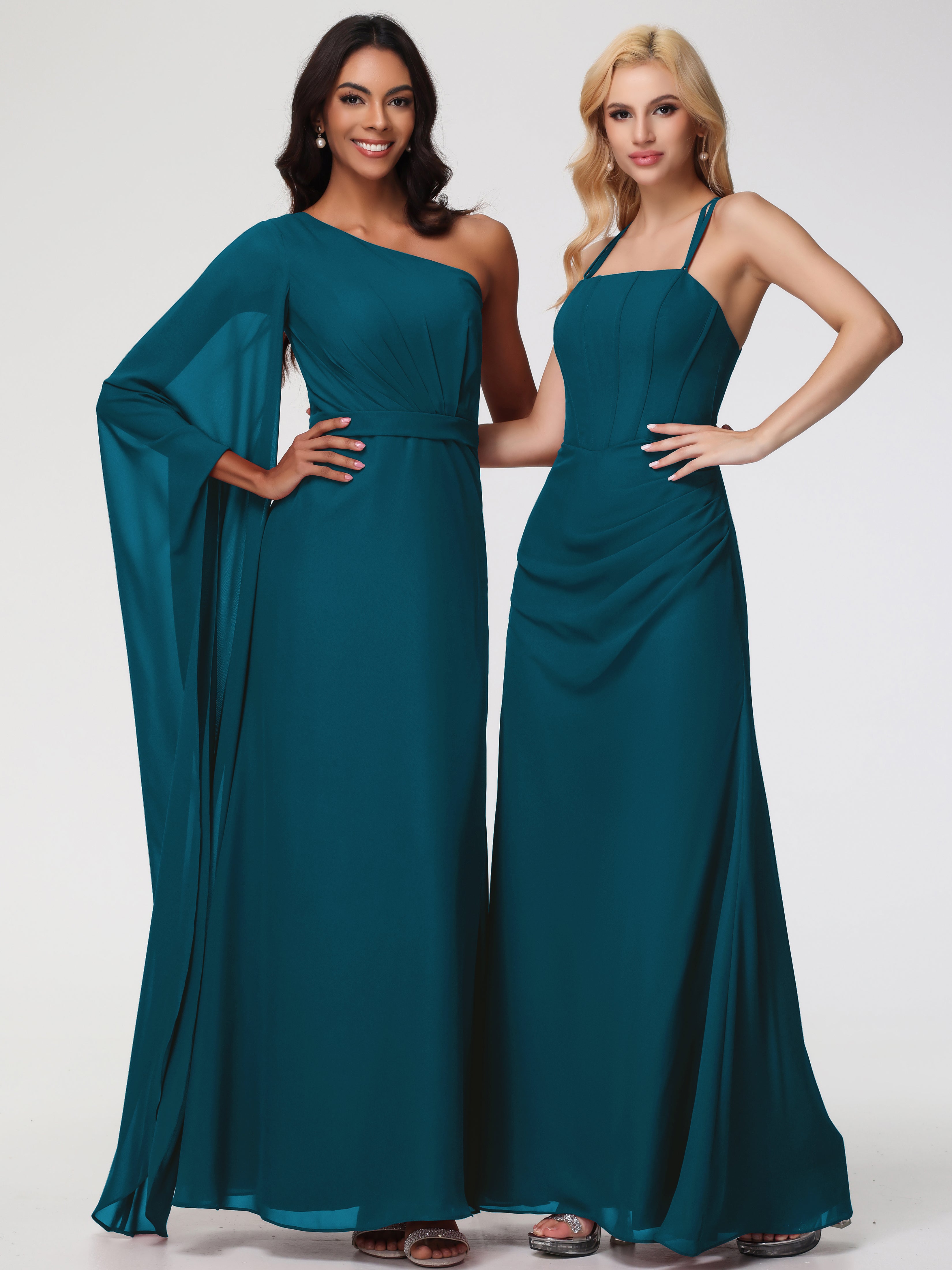 Spaghetti Straps Sheath/Column Long Chiffon Bridesmaid Dresses With Split