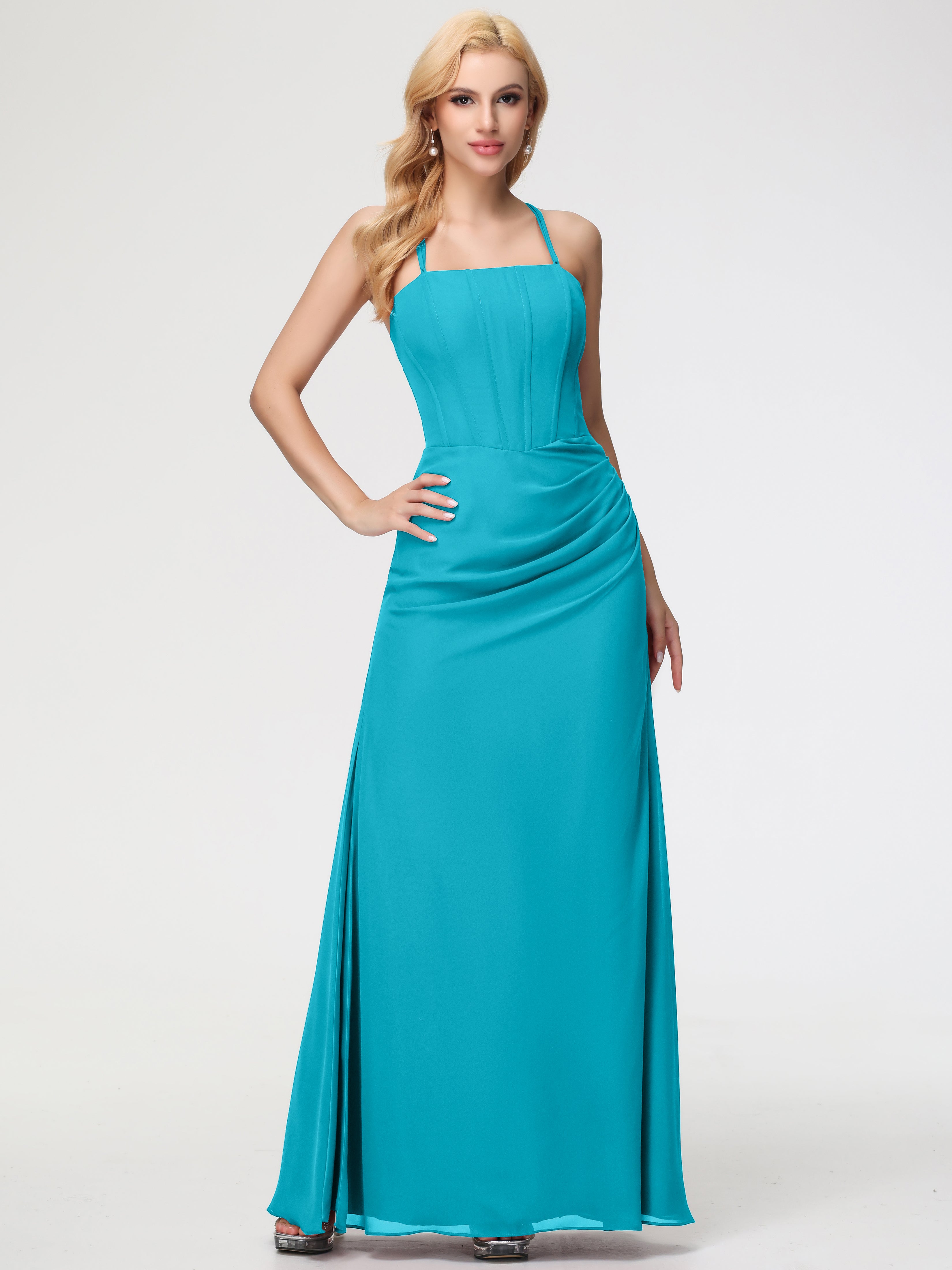 Spaghetti Straps Sheath/Column Long Chiffon Bridesmaid Dresses With Split