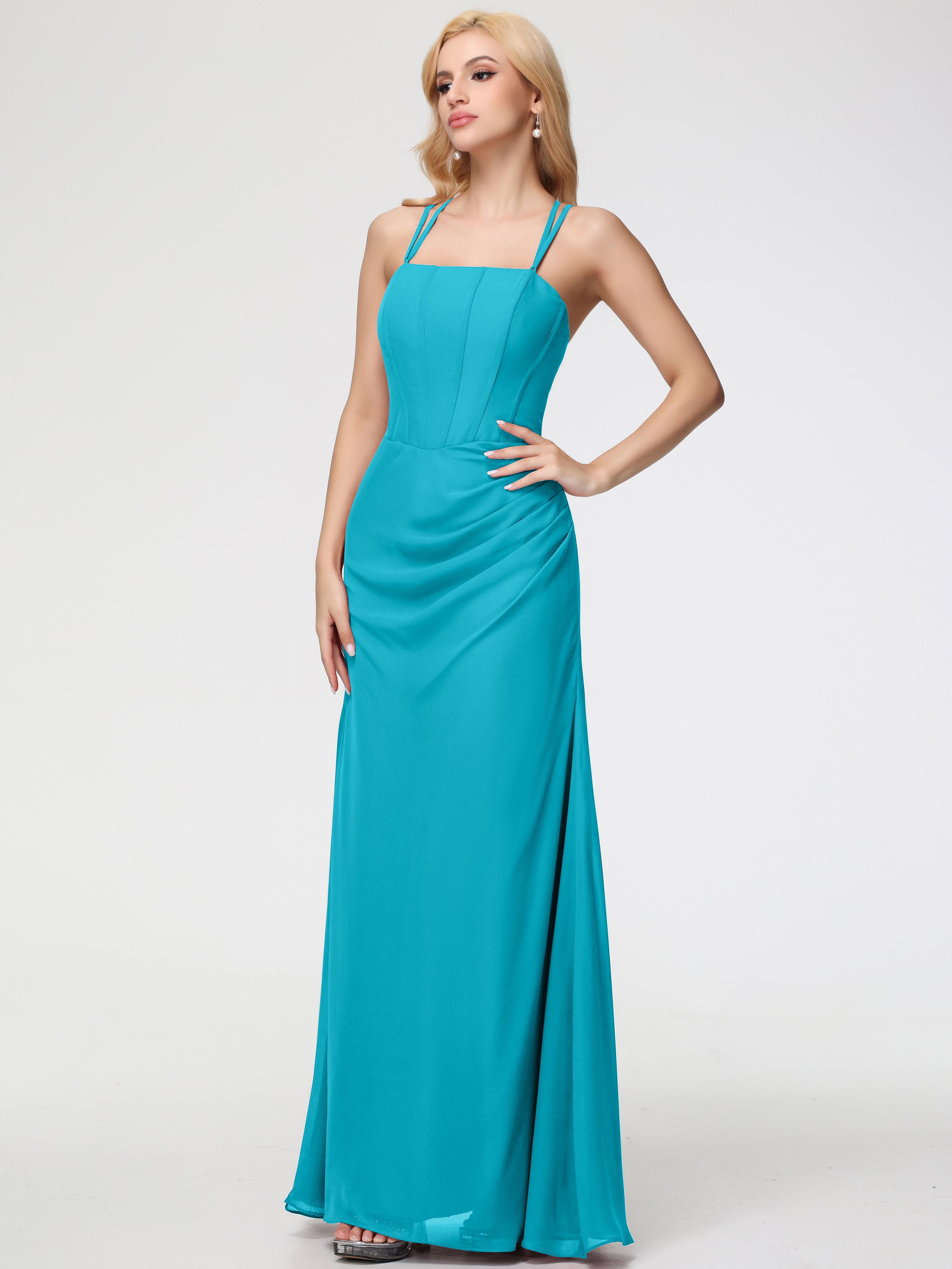 Spaghetti Straps Sheath/Column Long Chiffon Bridesmaid Dresses With Split