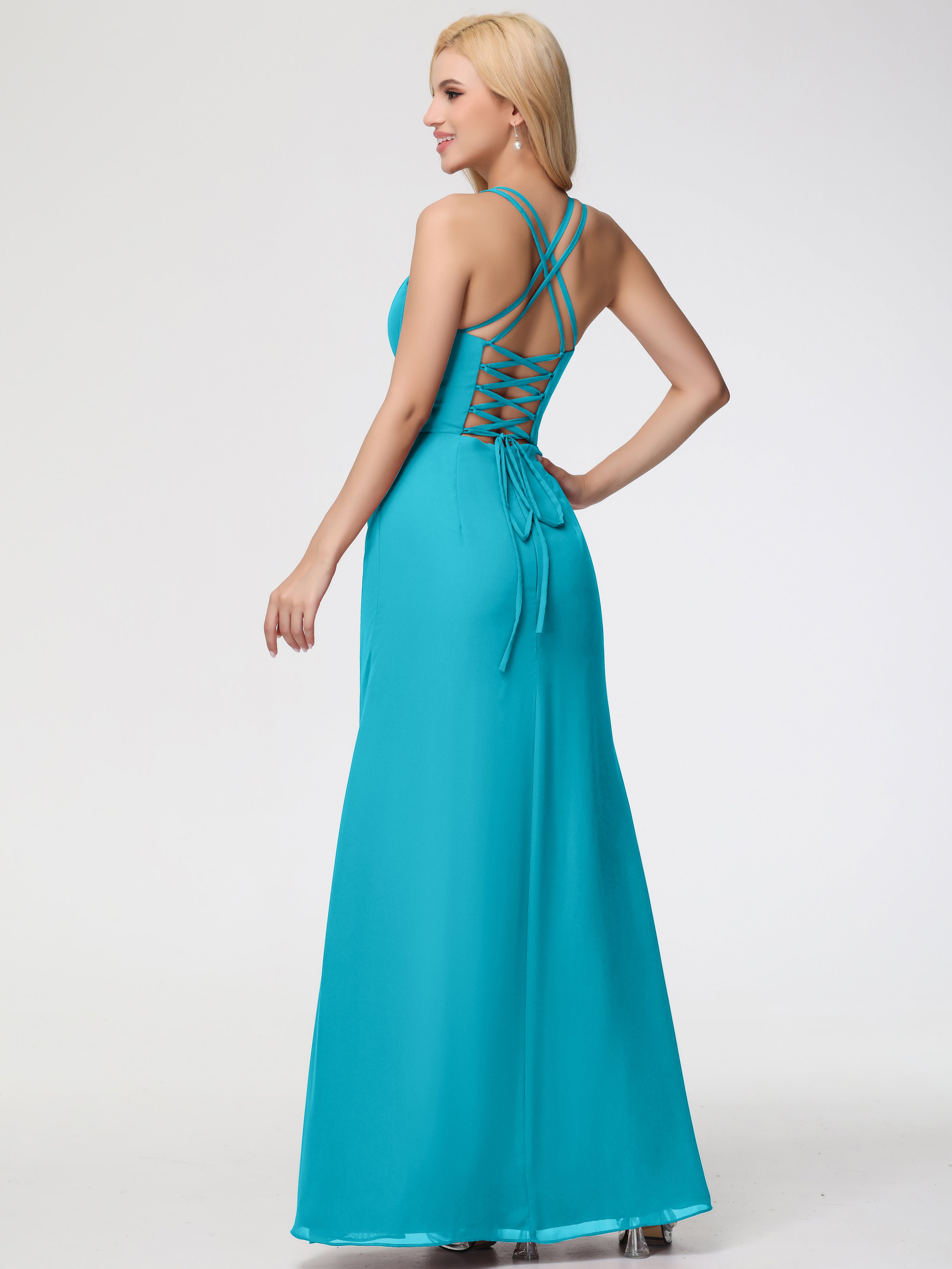 Spaghetti Straps Sheath/Column Long Chiffon Bridesmaid Dresses With Split