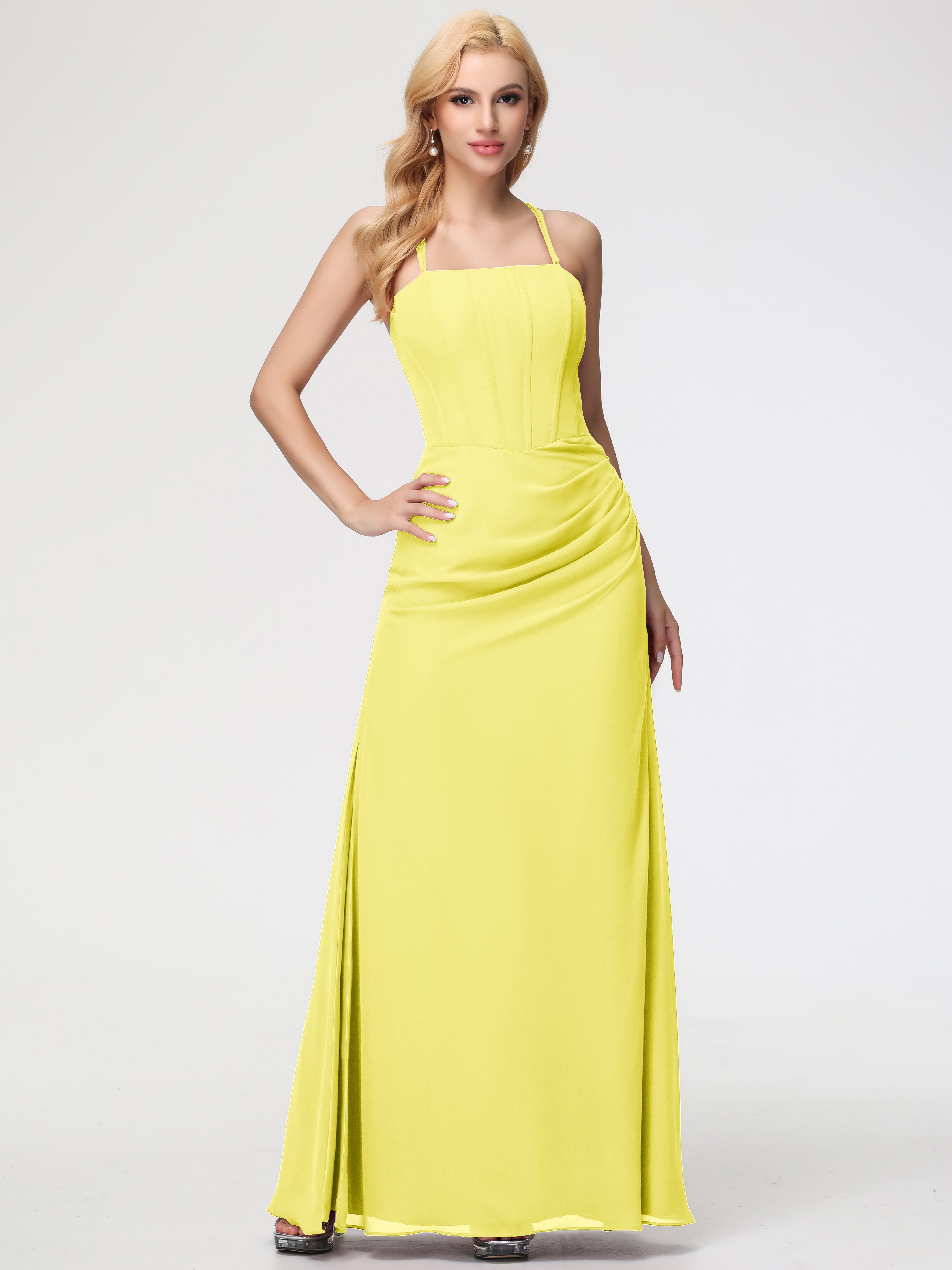 Spaghetti Straps Sheath/Column Long Chiffon Bridesmaid Dresses With Split