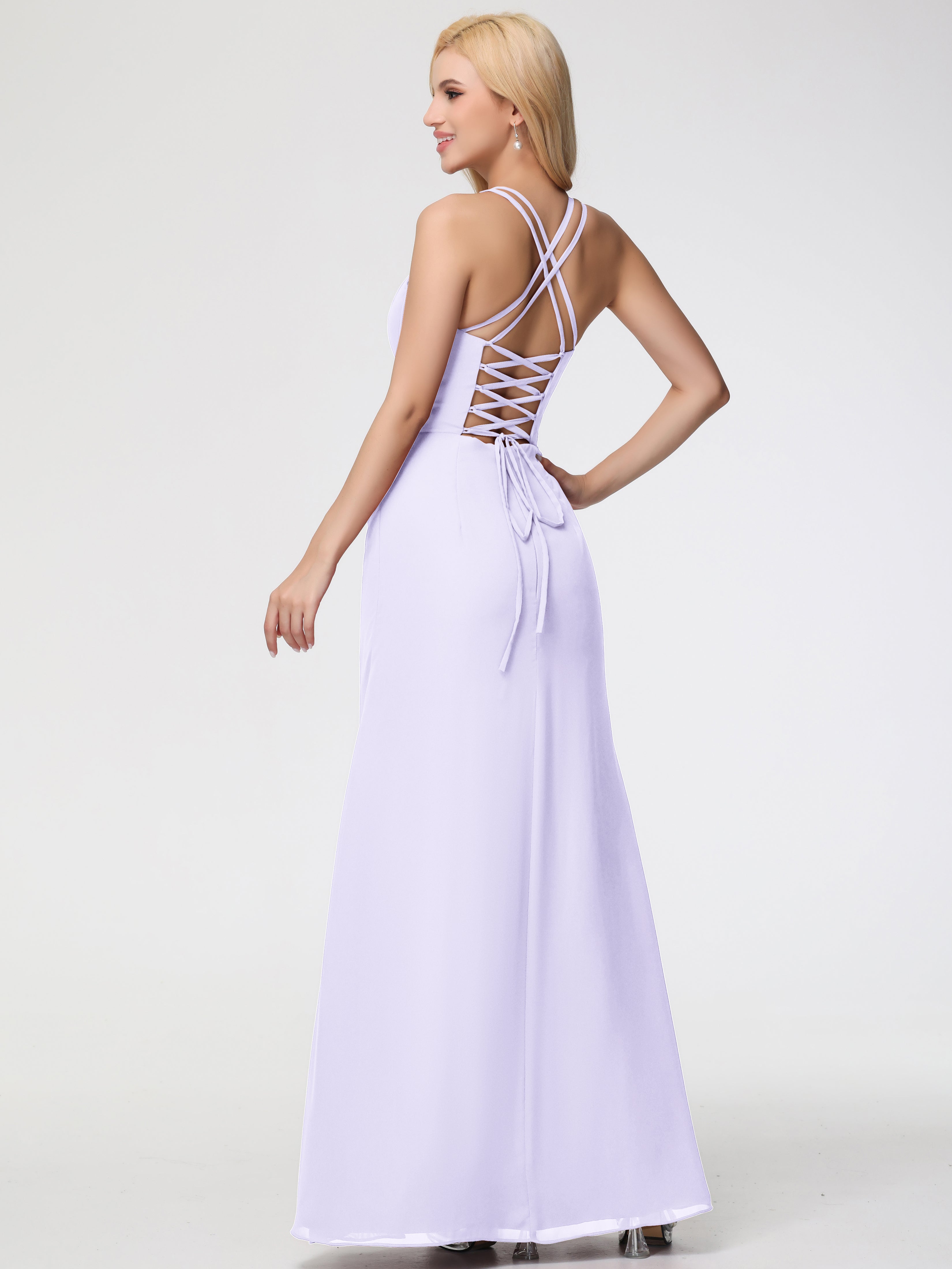 Spaghetti Straps Sheath/Column Long Chiffon Bridesmaid Dresses With Split