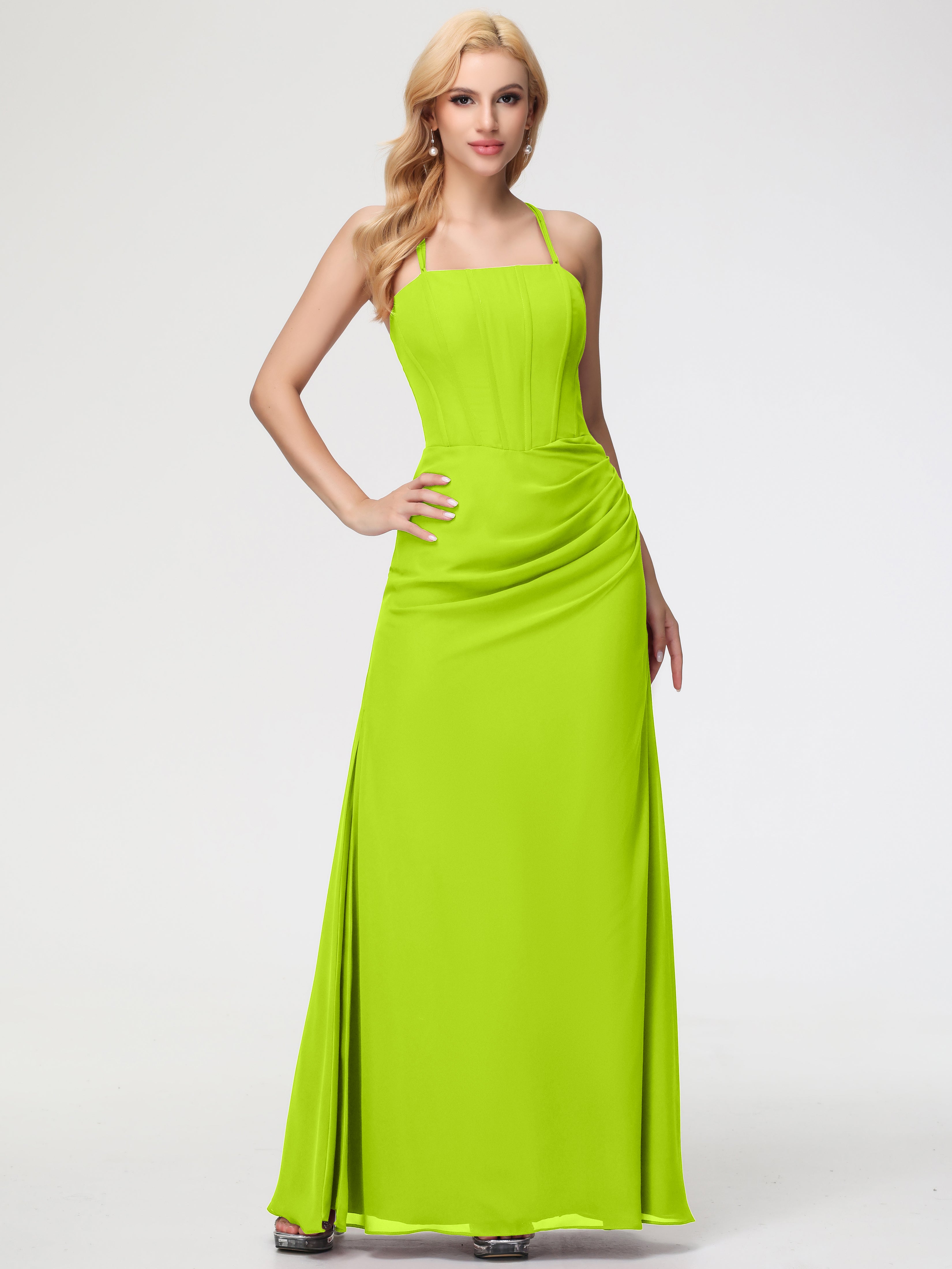 Spaghetti Straps Sheath/Column Long Chiffon Bridesmaid Dresses With Split