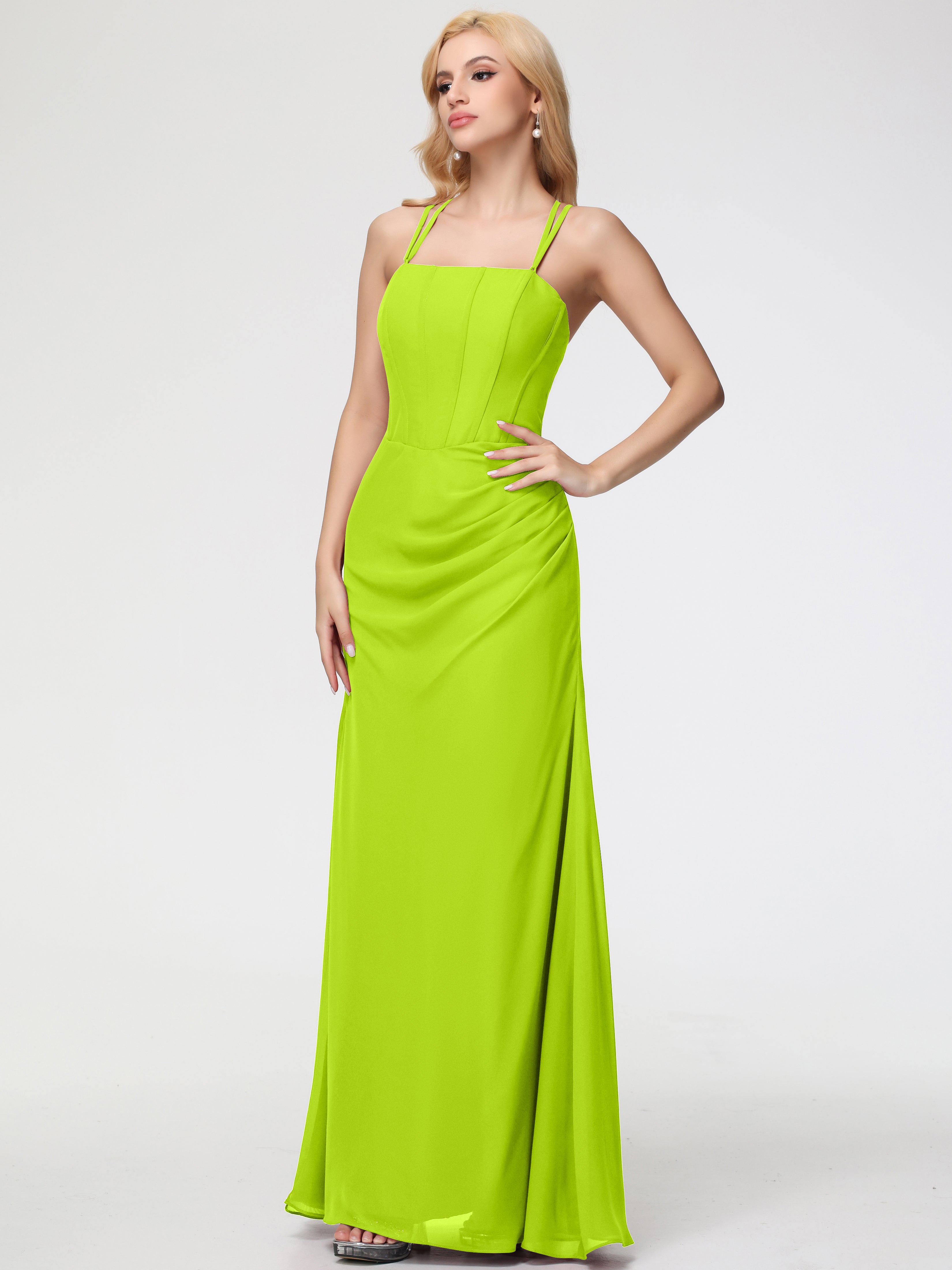 Spaghetti Straps Sheath/Column Long Chiffon Bridesmaid Dresses With Split
