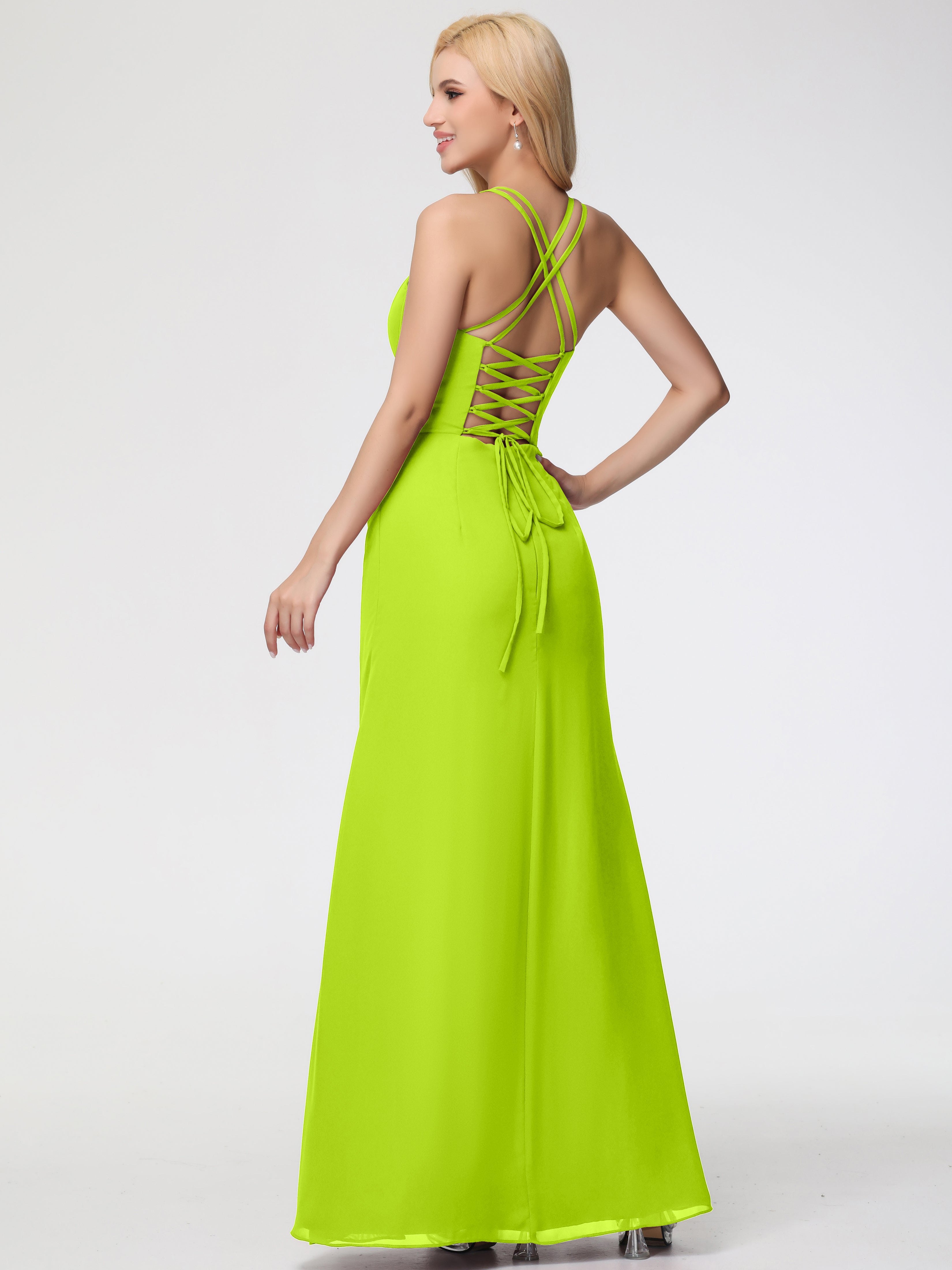 Spaghetti Straps Sheath/Column Long Chiffon Bridesmaid Dresses With Split