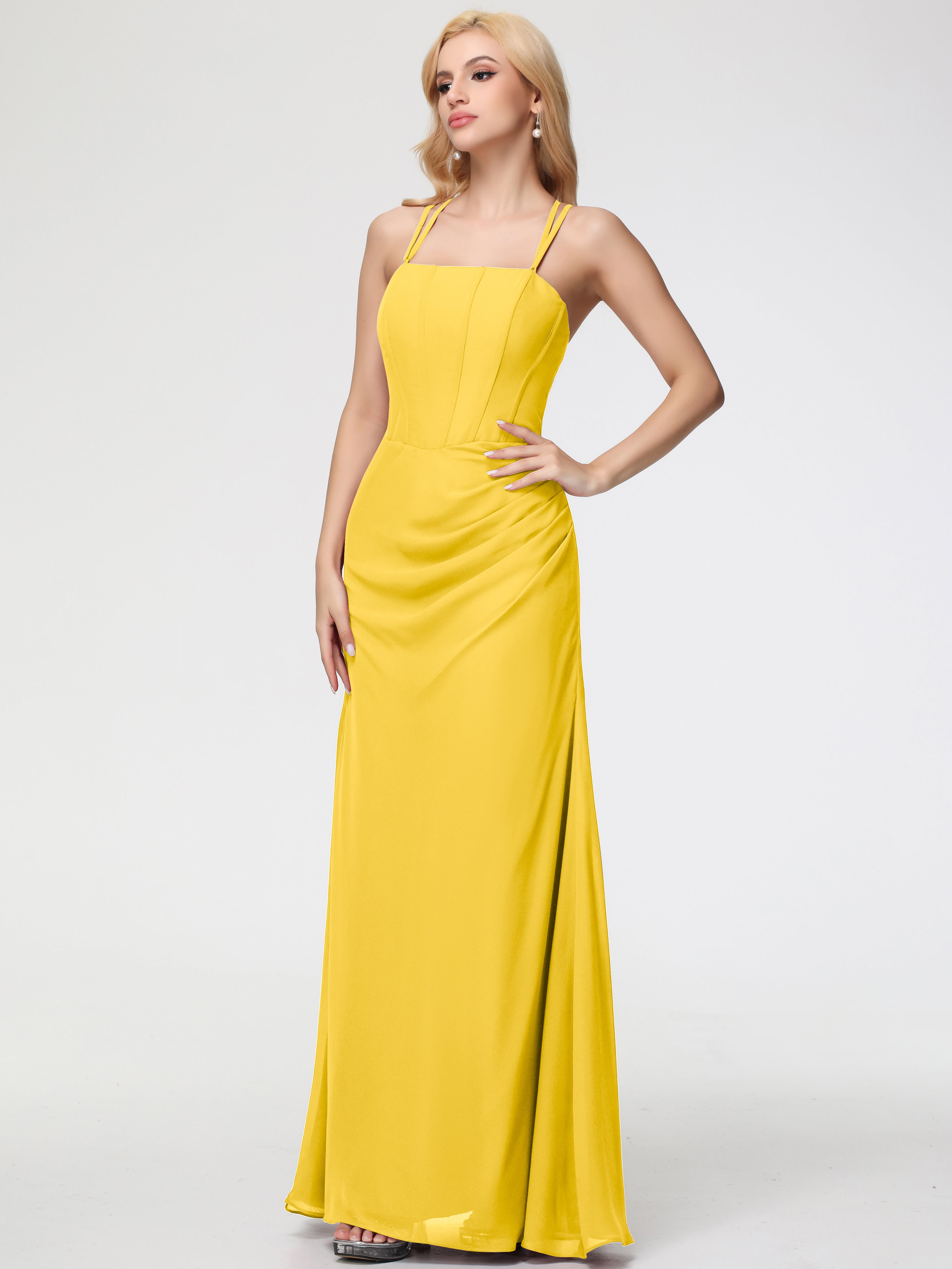 Spaghetti Straps Sheath/Column Long Chiffon Bridesmaid Dresses With Split