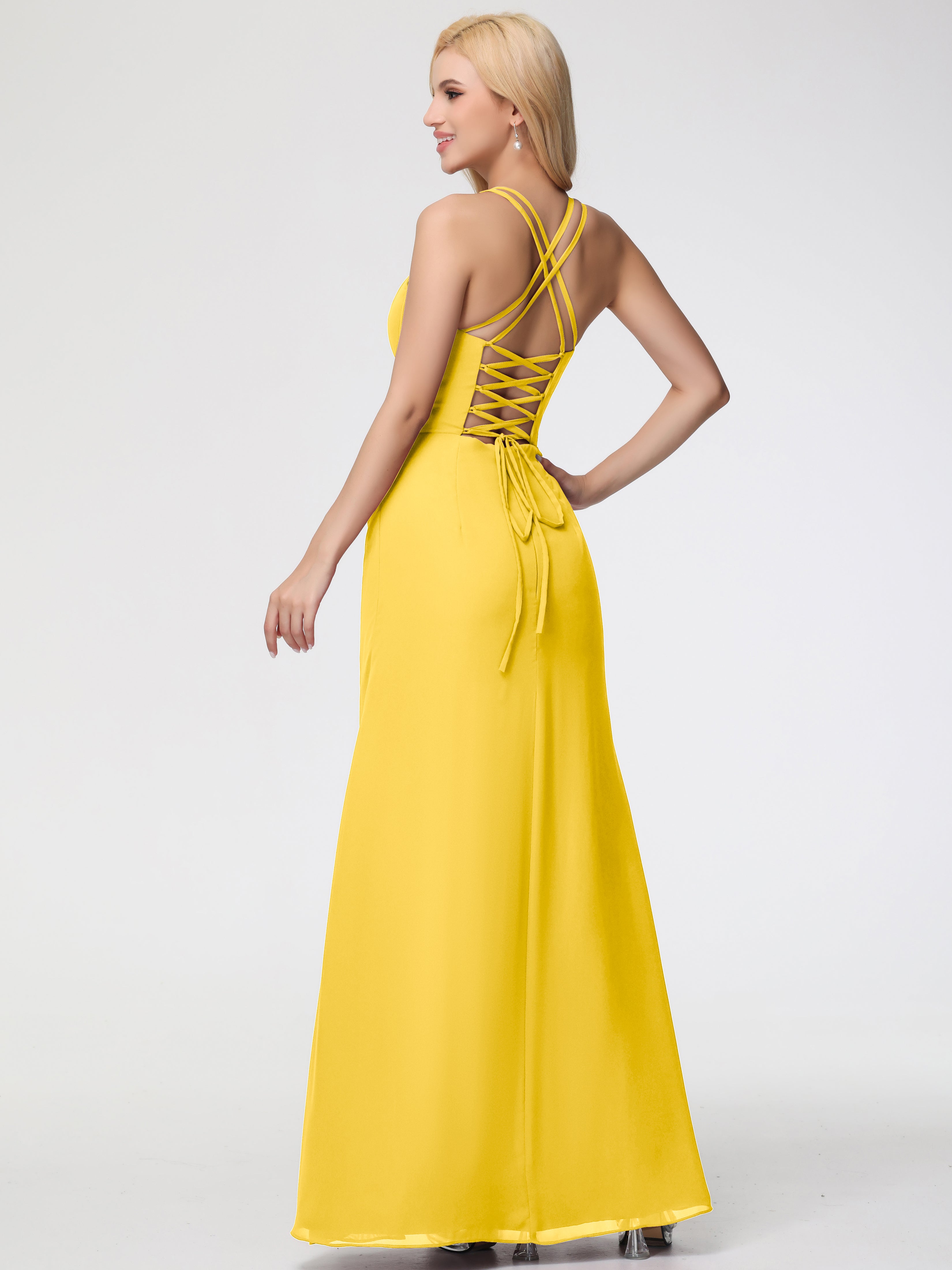 Spaghetti Straps Sheath/Column Long Chiffon Bridesmaid Dresses With Split