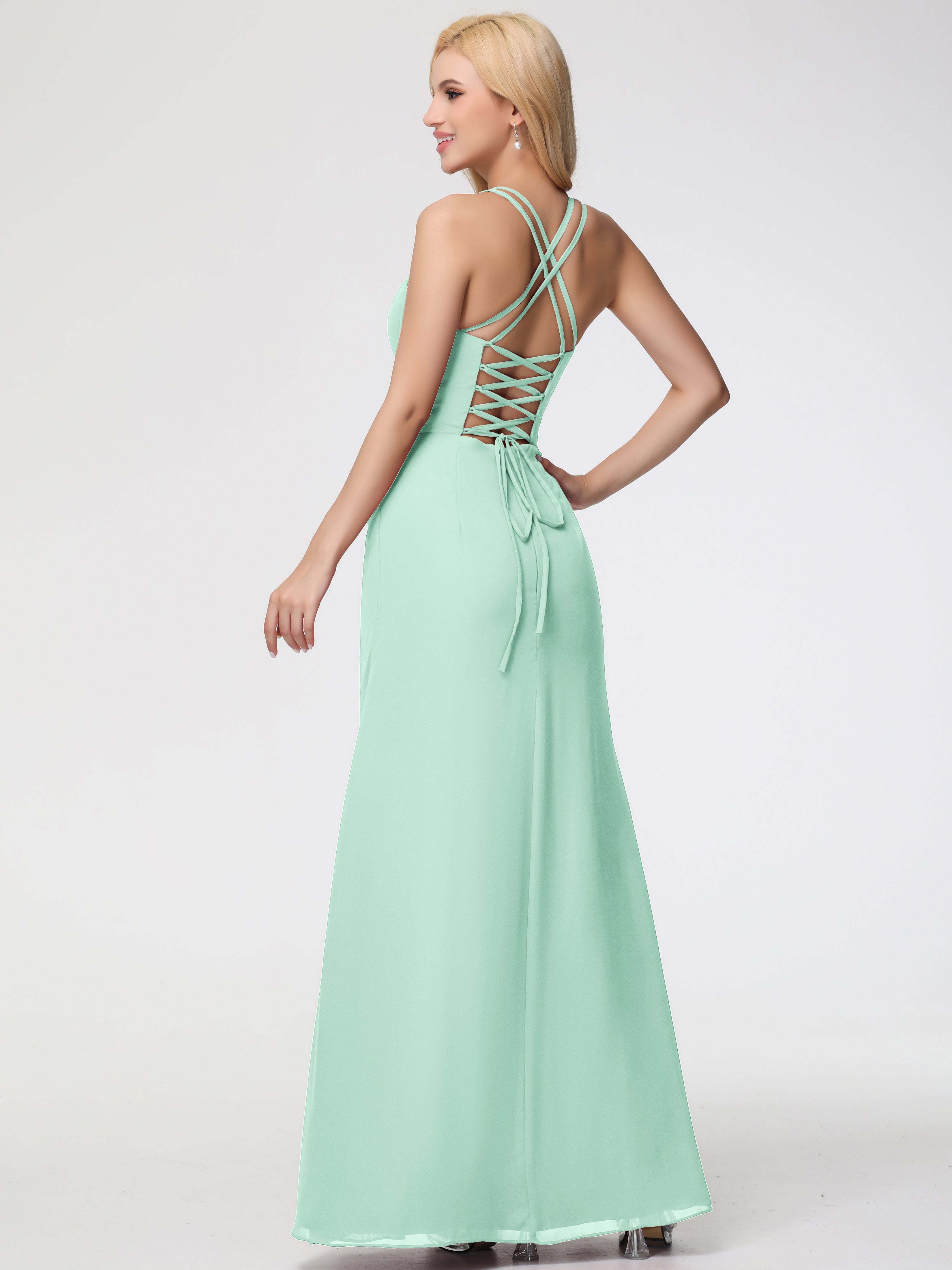 Spaghetti Straps Sheath/Column Long Chiffon Bridesmaid Dresses With Split