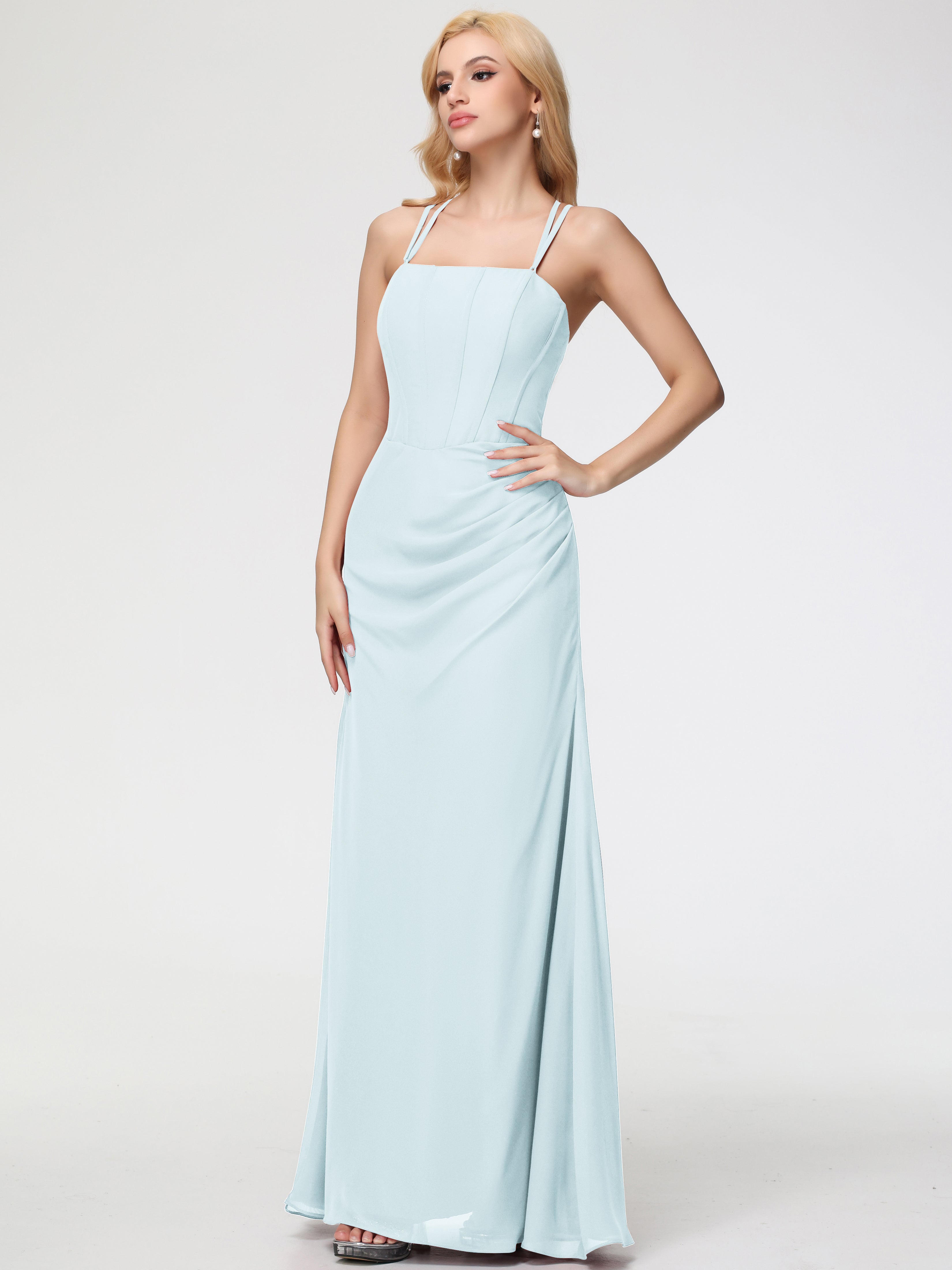 Spaghetti Straps Sheath/Column Long Chiffon Bridesmaid Dresses With Split