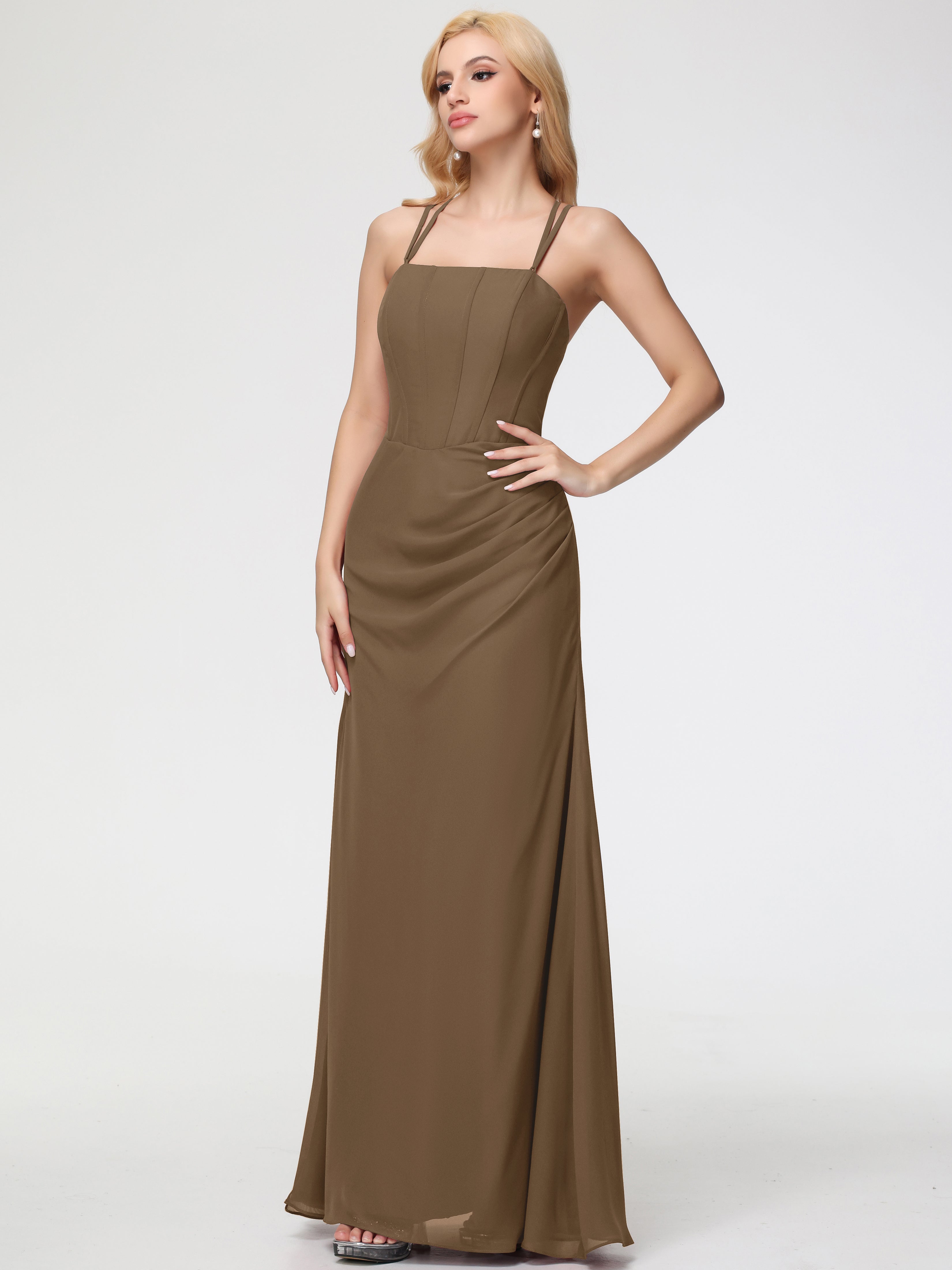 Spaghetti Straps Sheath/Column Long Chiffon Bridesmaid Dresses With Split