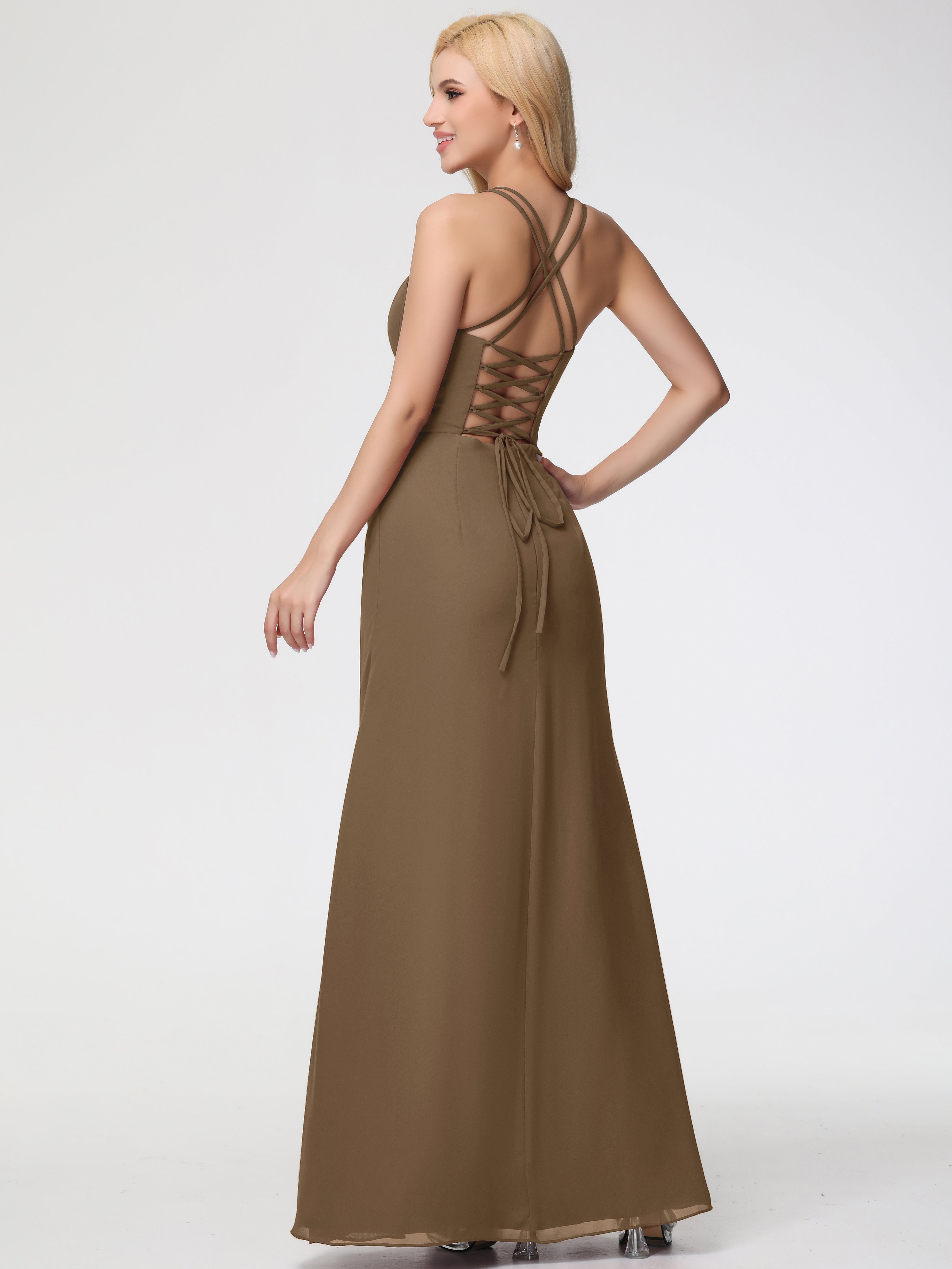 Spaghetti Straps Sheath/Column Long Chiffon Bridesmaid Dresses With Split