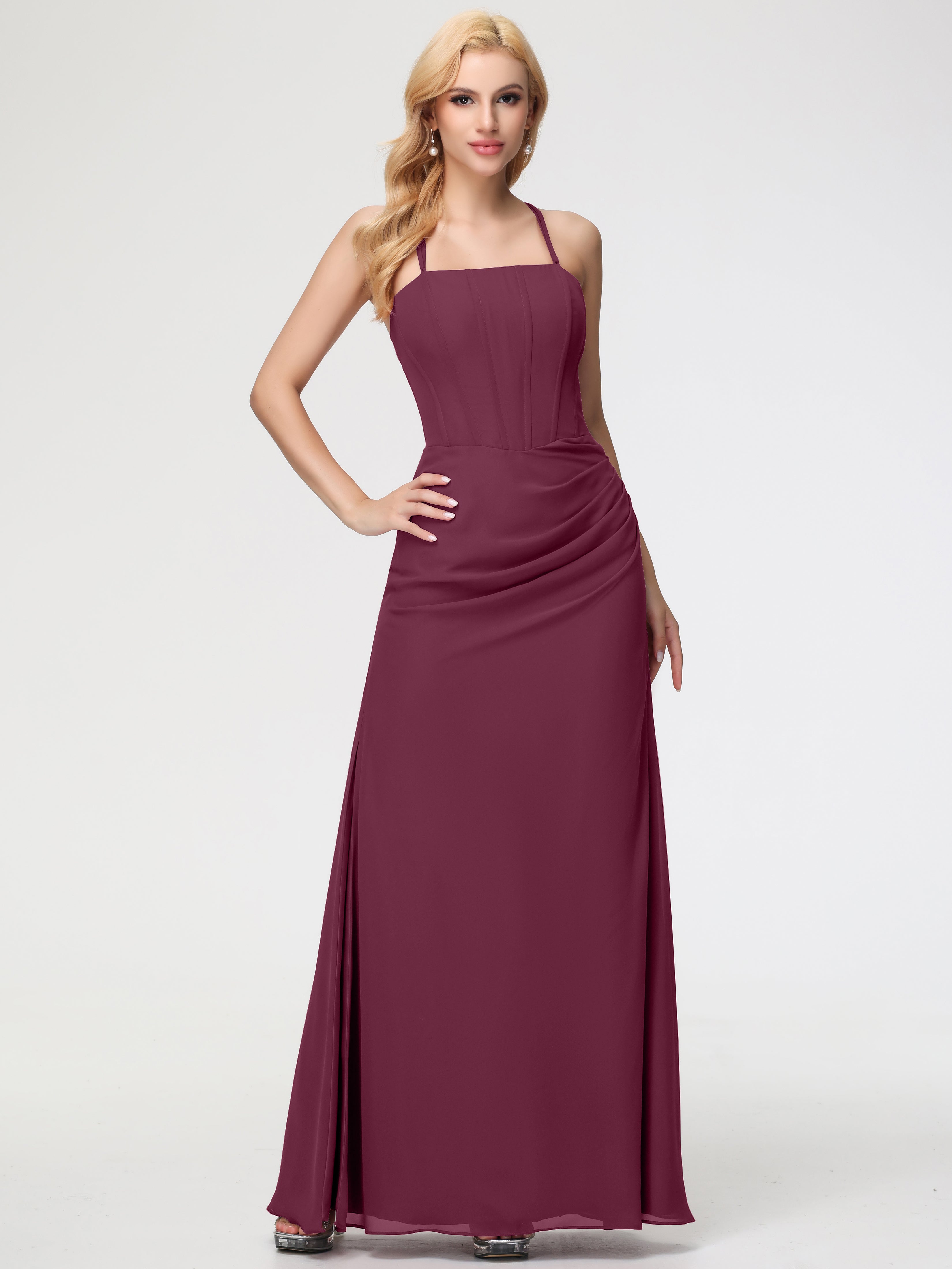Spaghetti Straps Sheath/Column Long Chiffon Bridesmaid Dresses With Split (Copy)