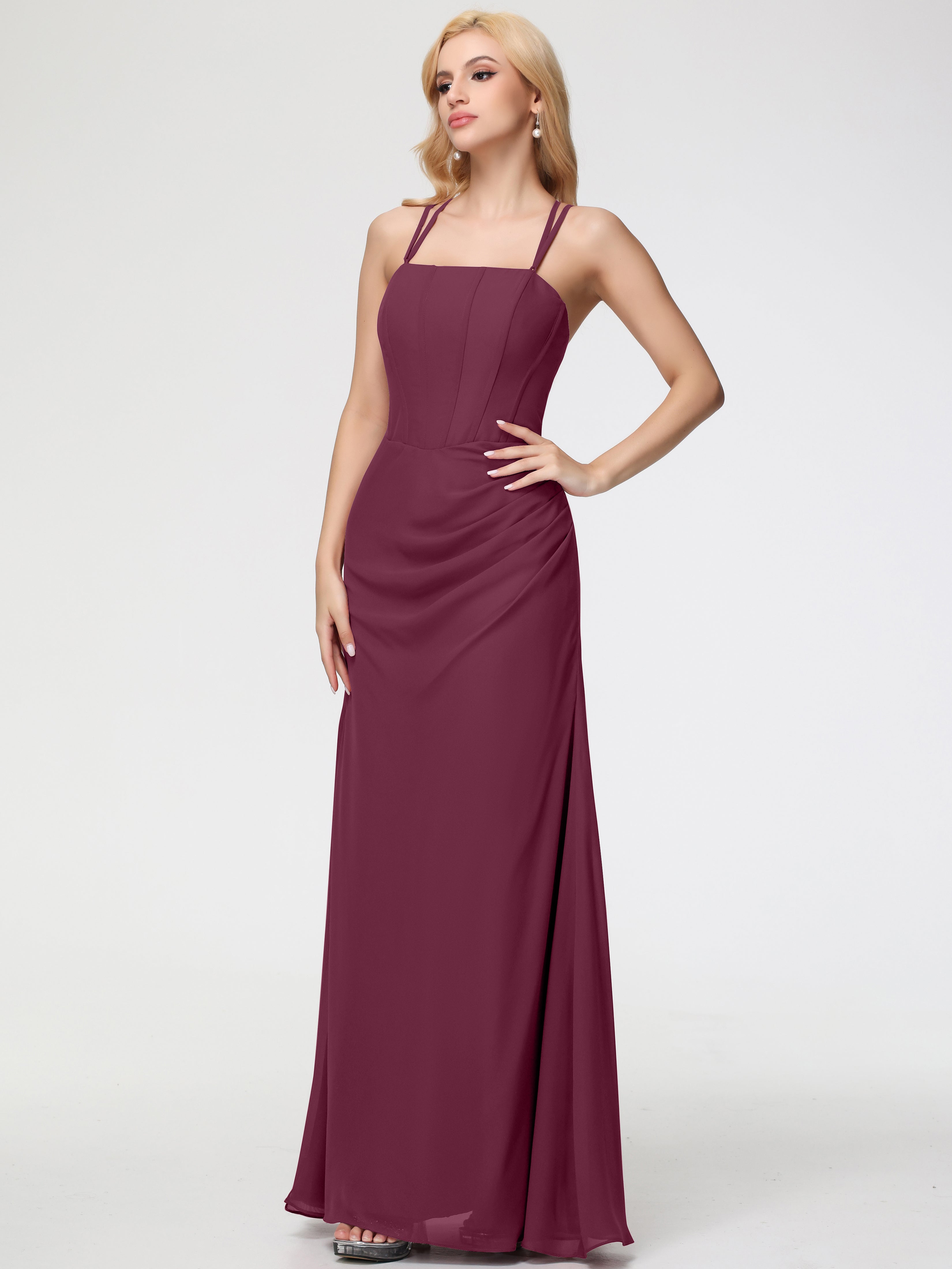 Spaghetti Straps Sheath/Column Long Chiffon Bridesmaid Dresses With Split (Copy)