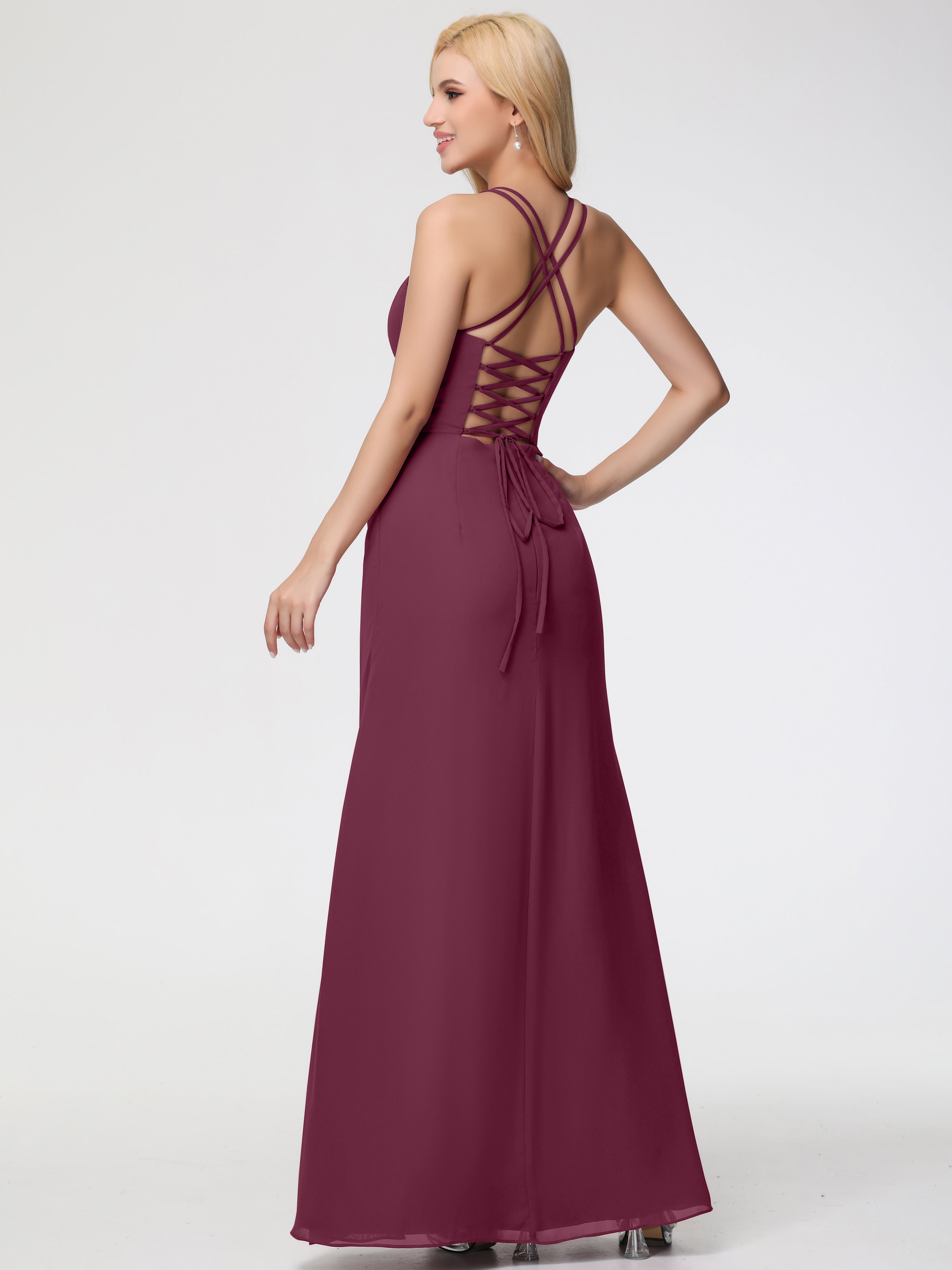 Spaghetti Straps Sheath/Column Long Chiffon Bridesmaid Dresses With Split (Copy)
