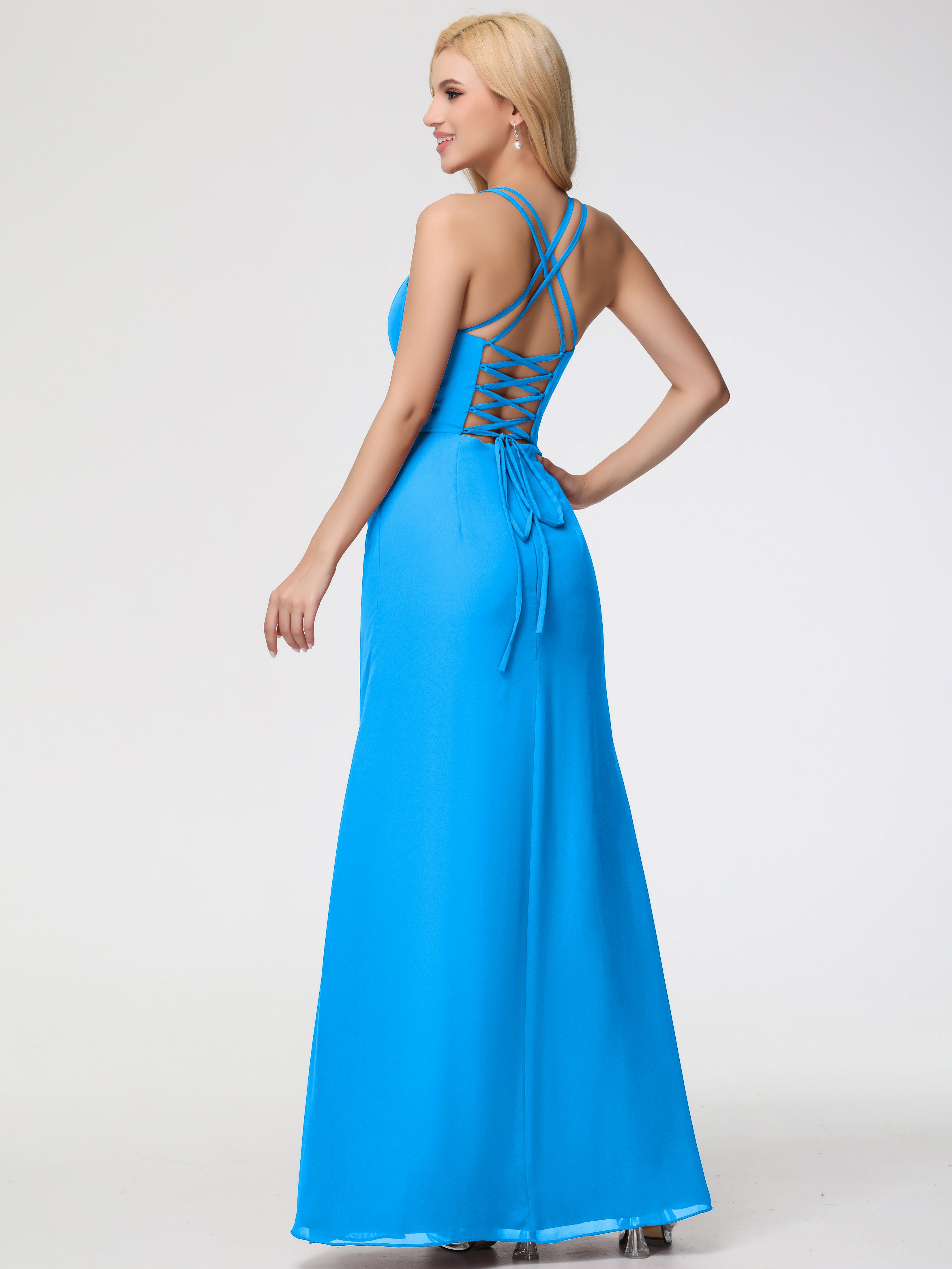 Spaghetti Straps Sheath/Column Long Chiffon Bridesmaid Dresses With Split (Copy)