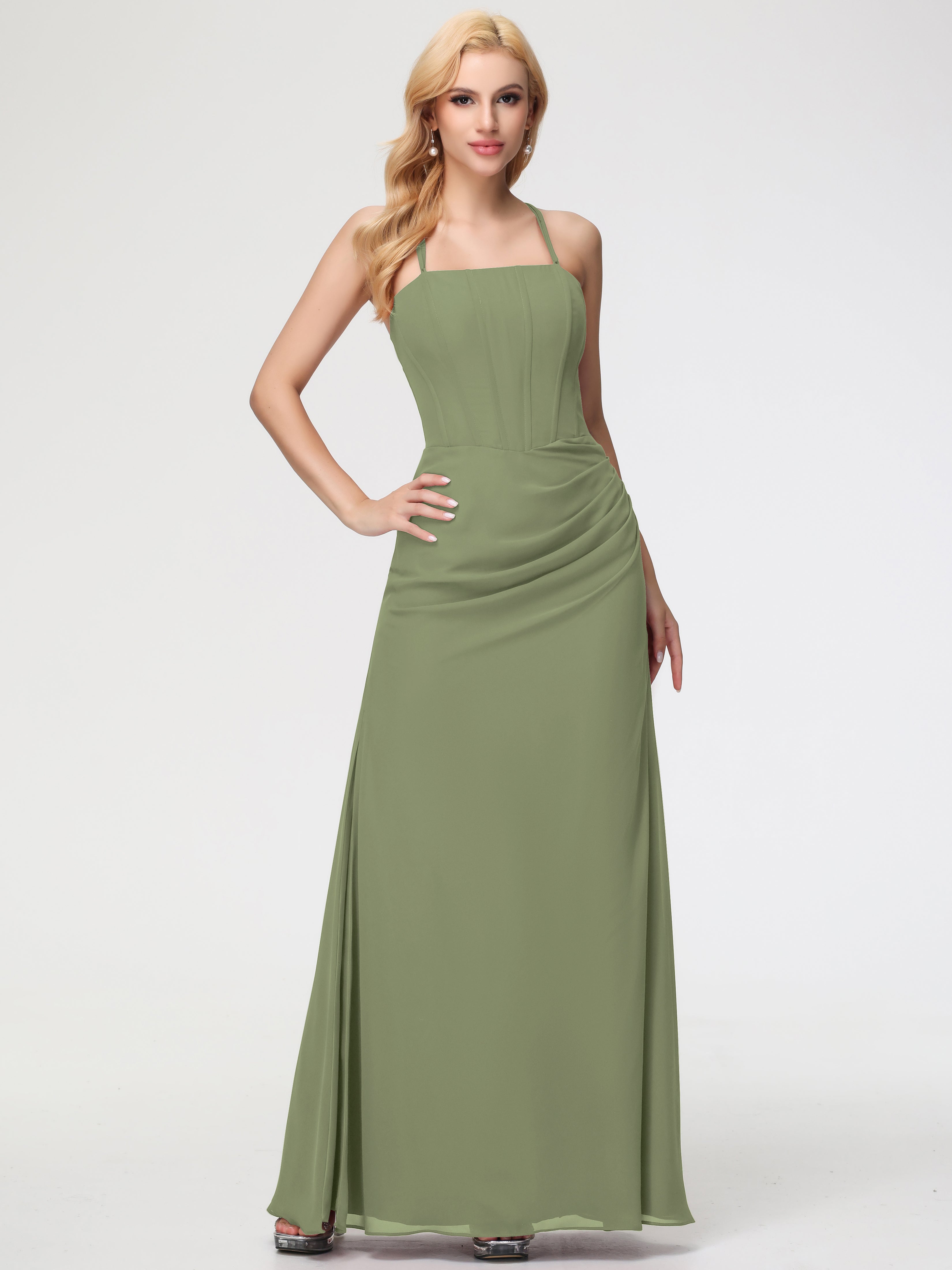 Spaghetti Straps Sheath/Column Long Chiffon Bridesmaid Dresses With Split (Copy)