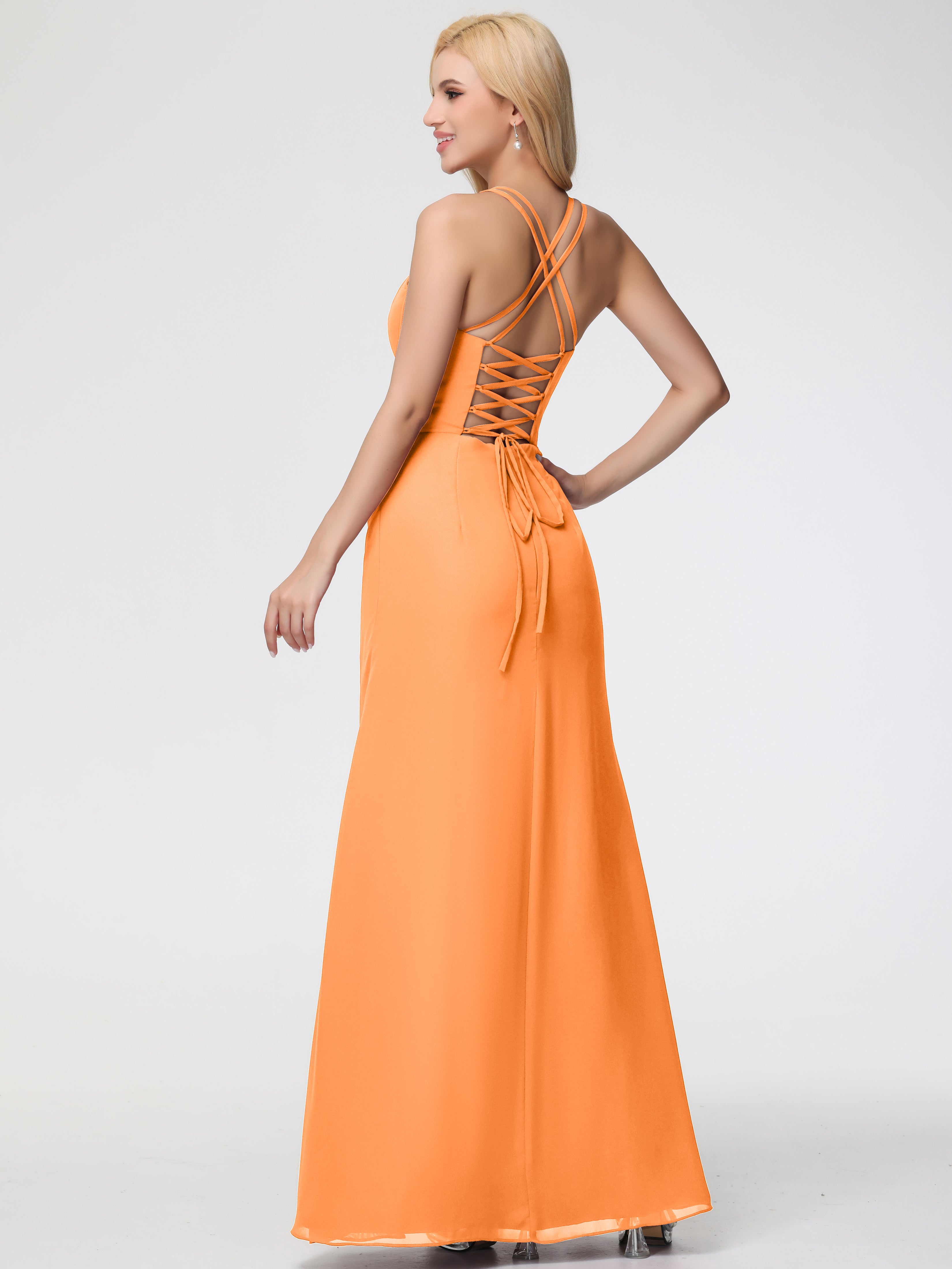 Spaghetti Straps Sheath/Column Long Chiffon Bridesmaid Dresses With Split (Copy)