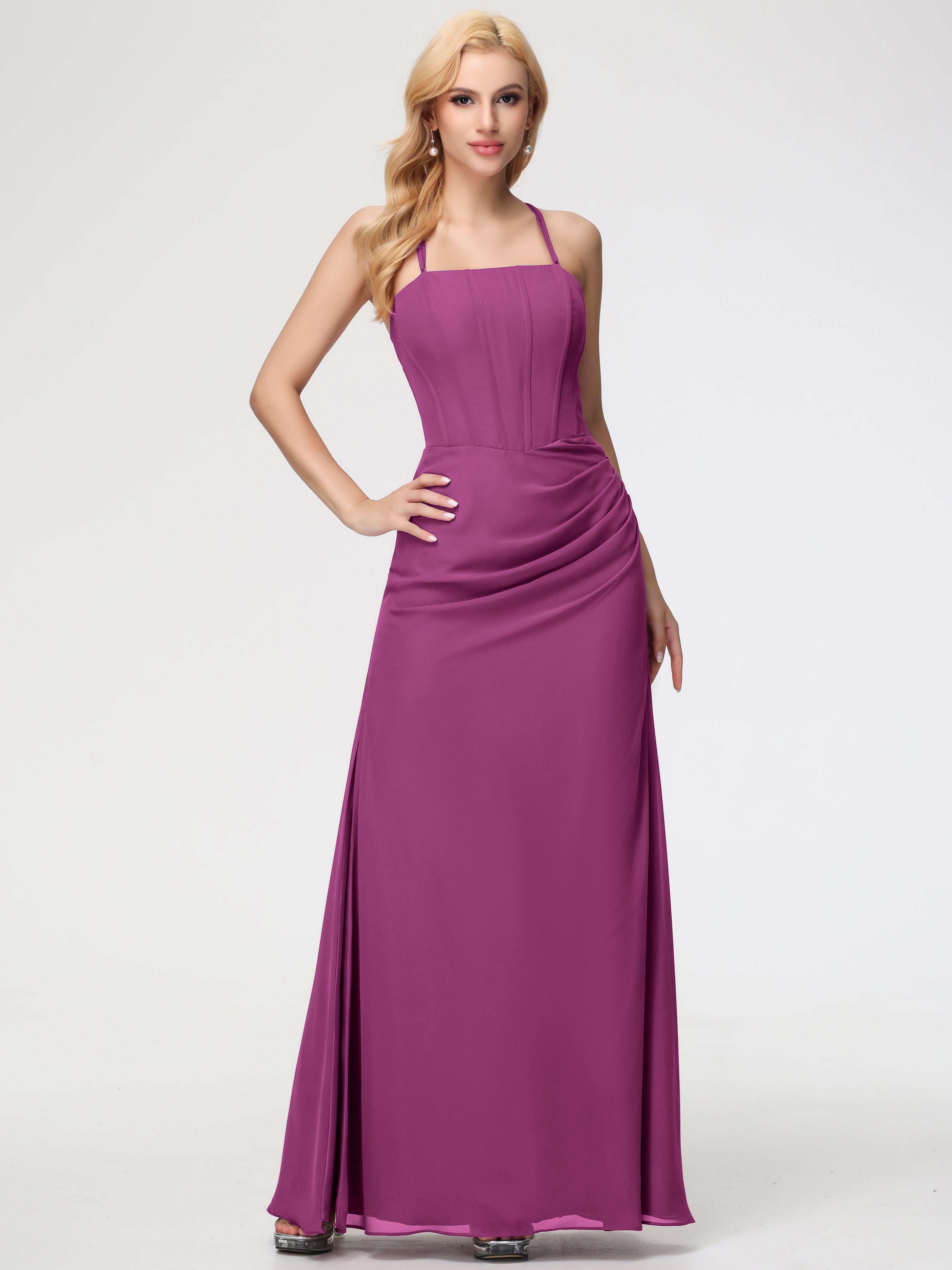 Spaghetti Straps Sheath/Column Long Chiffon Bridesmaid Dresses With Split (Copy)