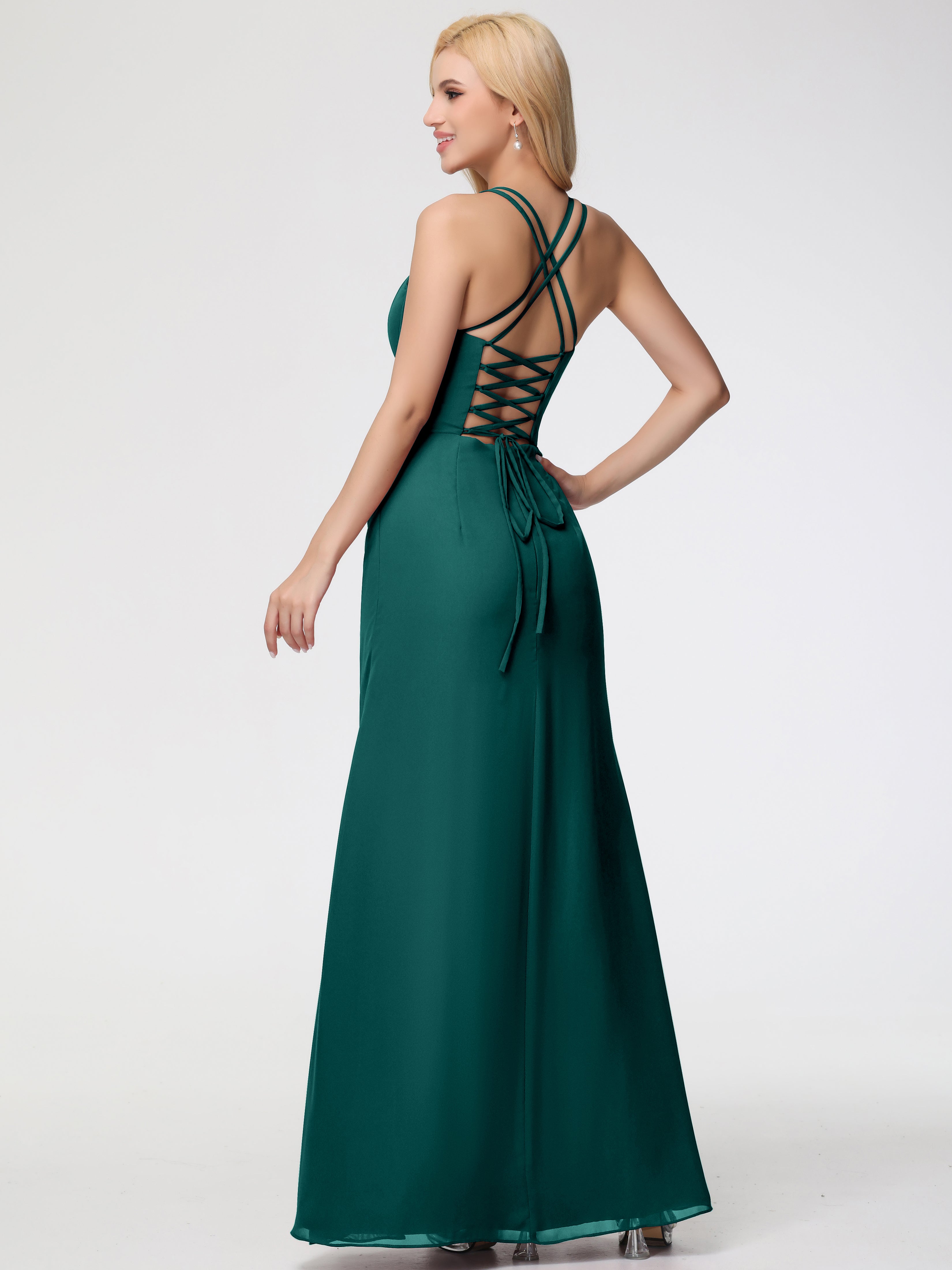 Spaghetti Straps Sheath/Column Long Chiffon Bridesmaid Dresses With Split (Copy)