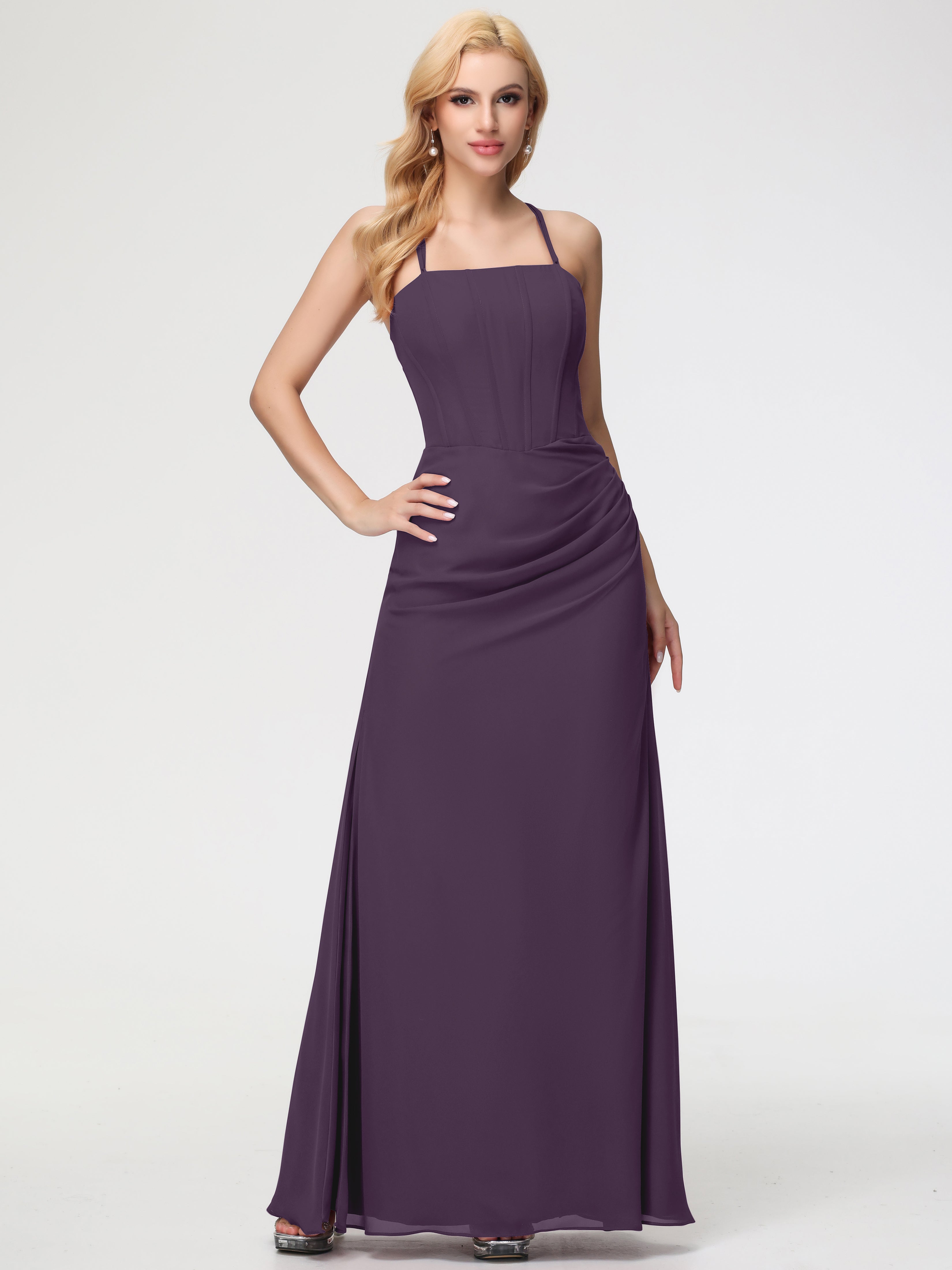 Spaghetti Straps Sheath/Column Long Chiffon Bridesmaid Dresses With Split (Copy)