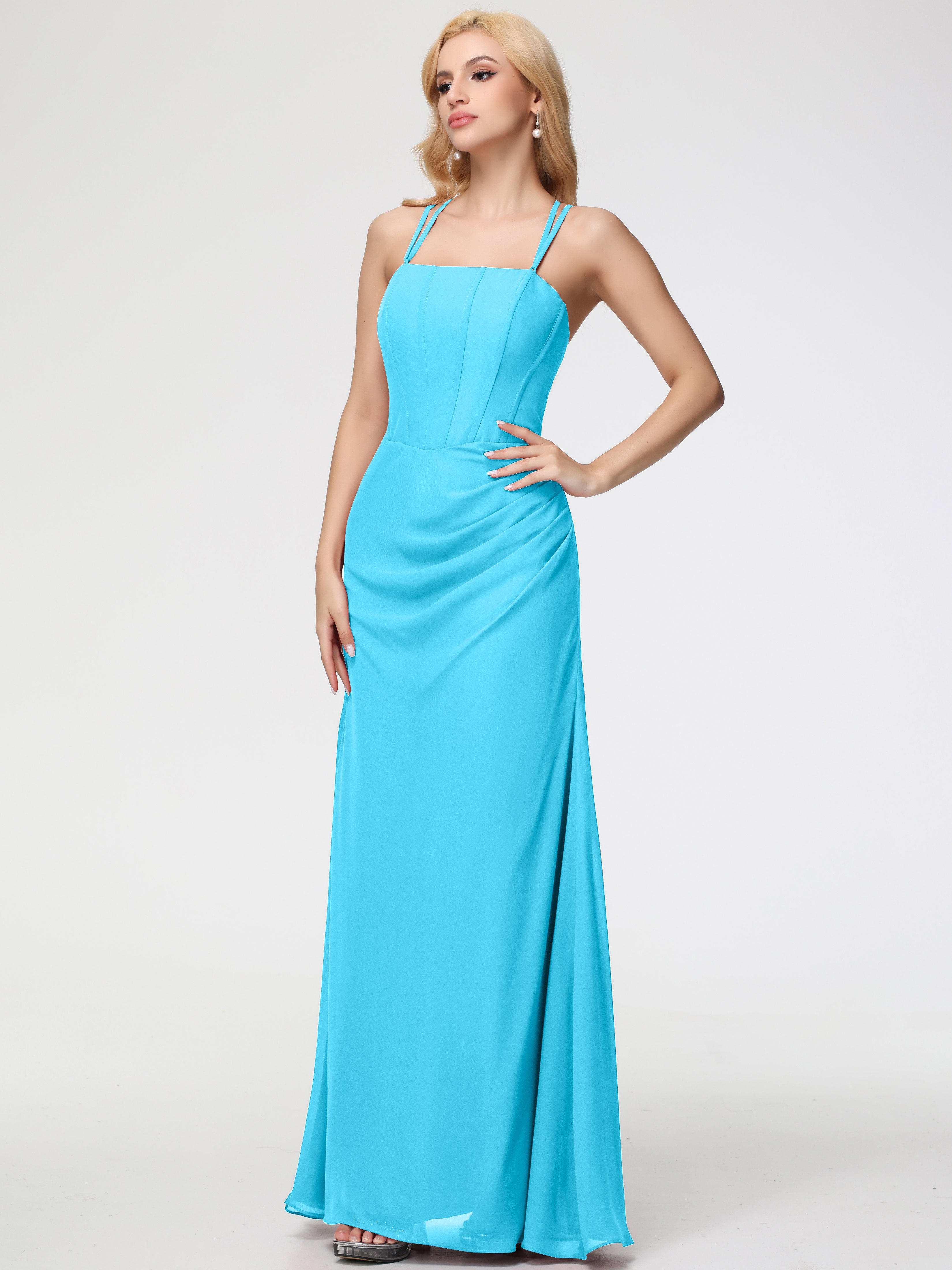 Spaghetti Straps Sheath/Column Long Chiffon Bridesmaid Dresses With Split (Copy)