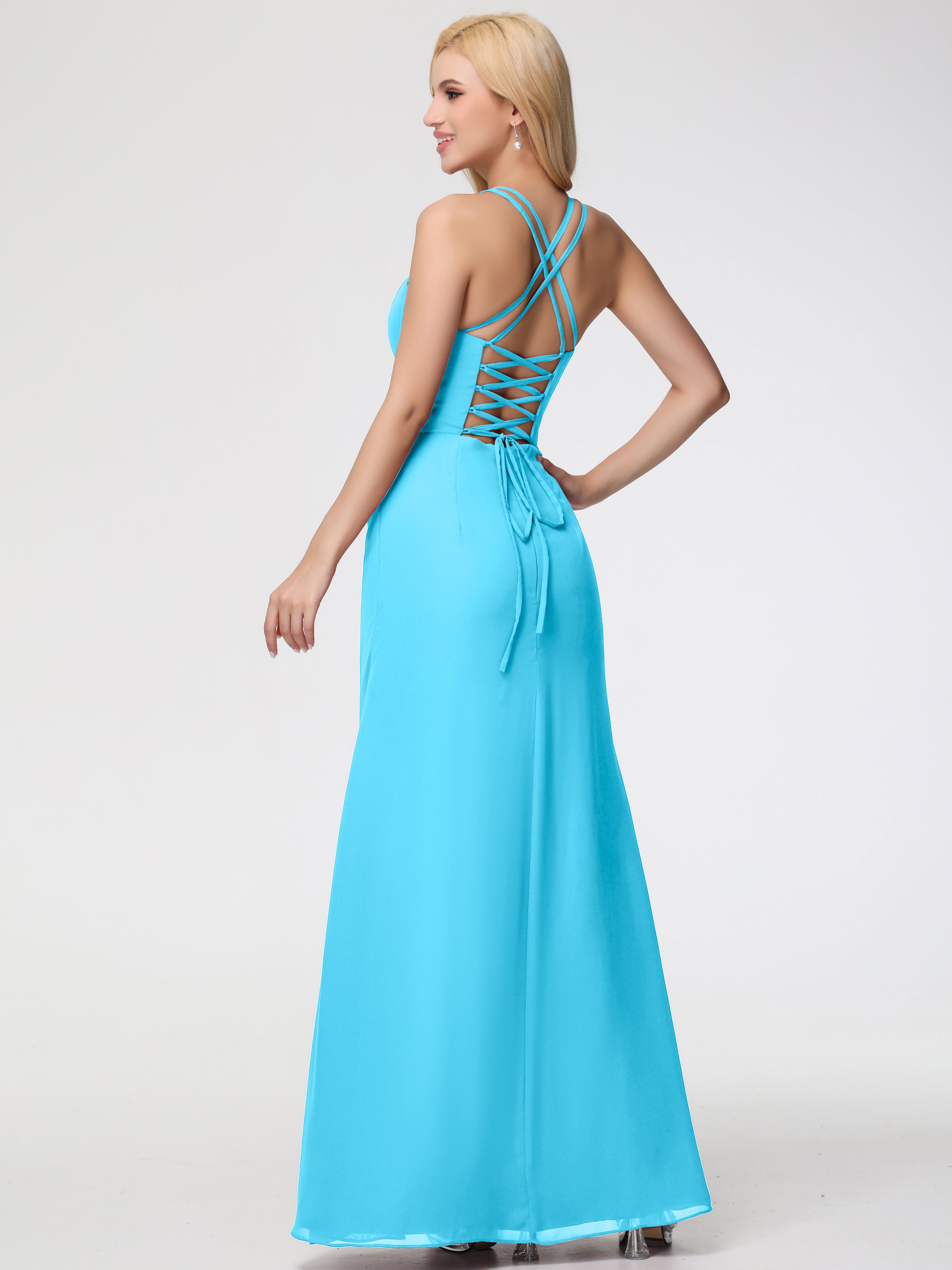 Spaghetti Straps Sheath/Column Long Chiffon Bridesmaid Dresses With Split (Copy)