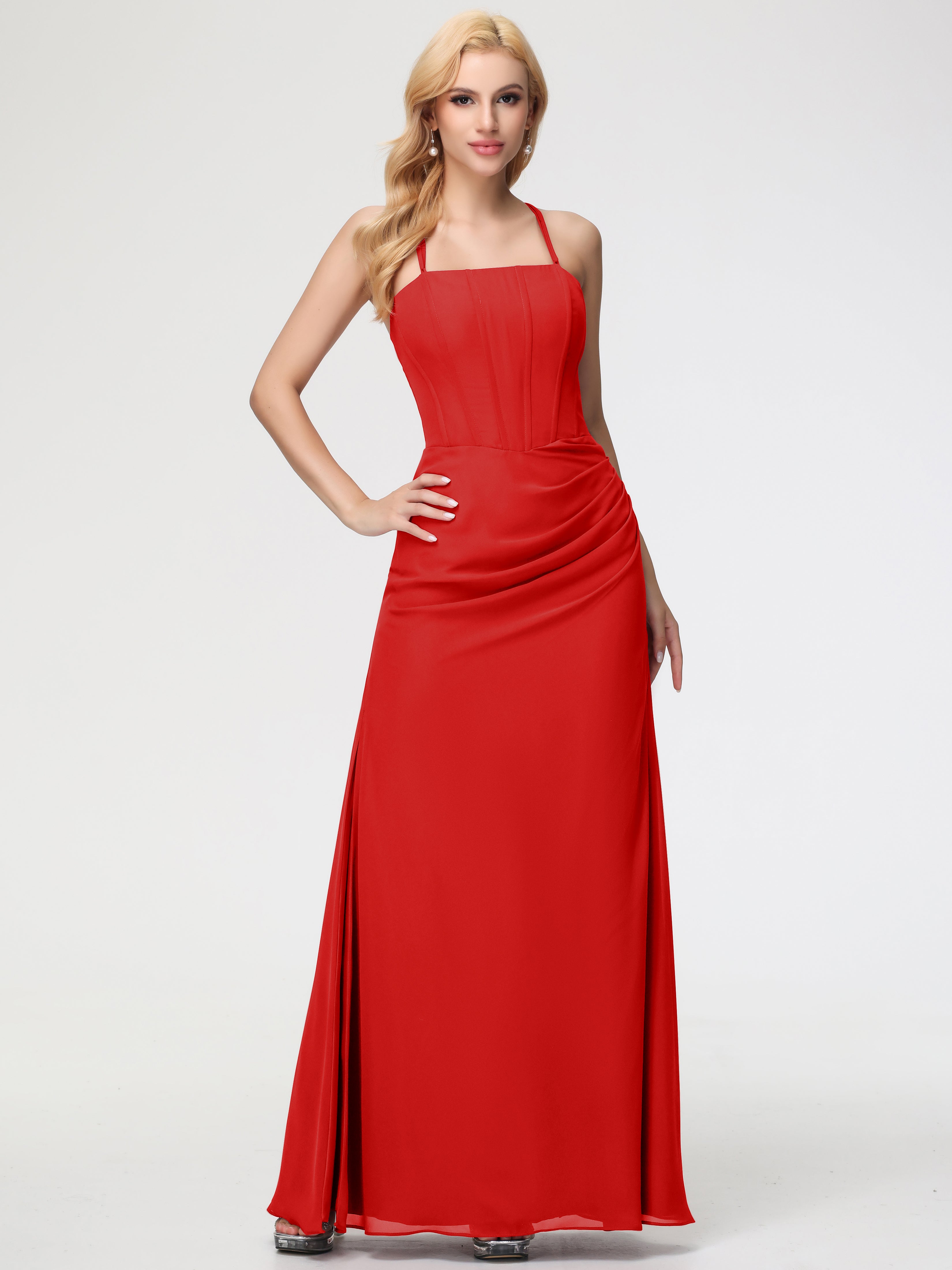 Spaghetti Straps Sheath/Column Long Chiffon Bridesmaid Dresses With Split (Copy)