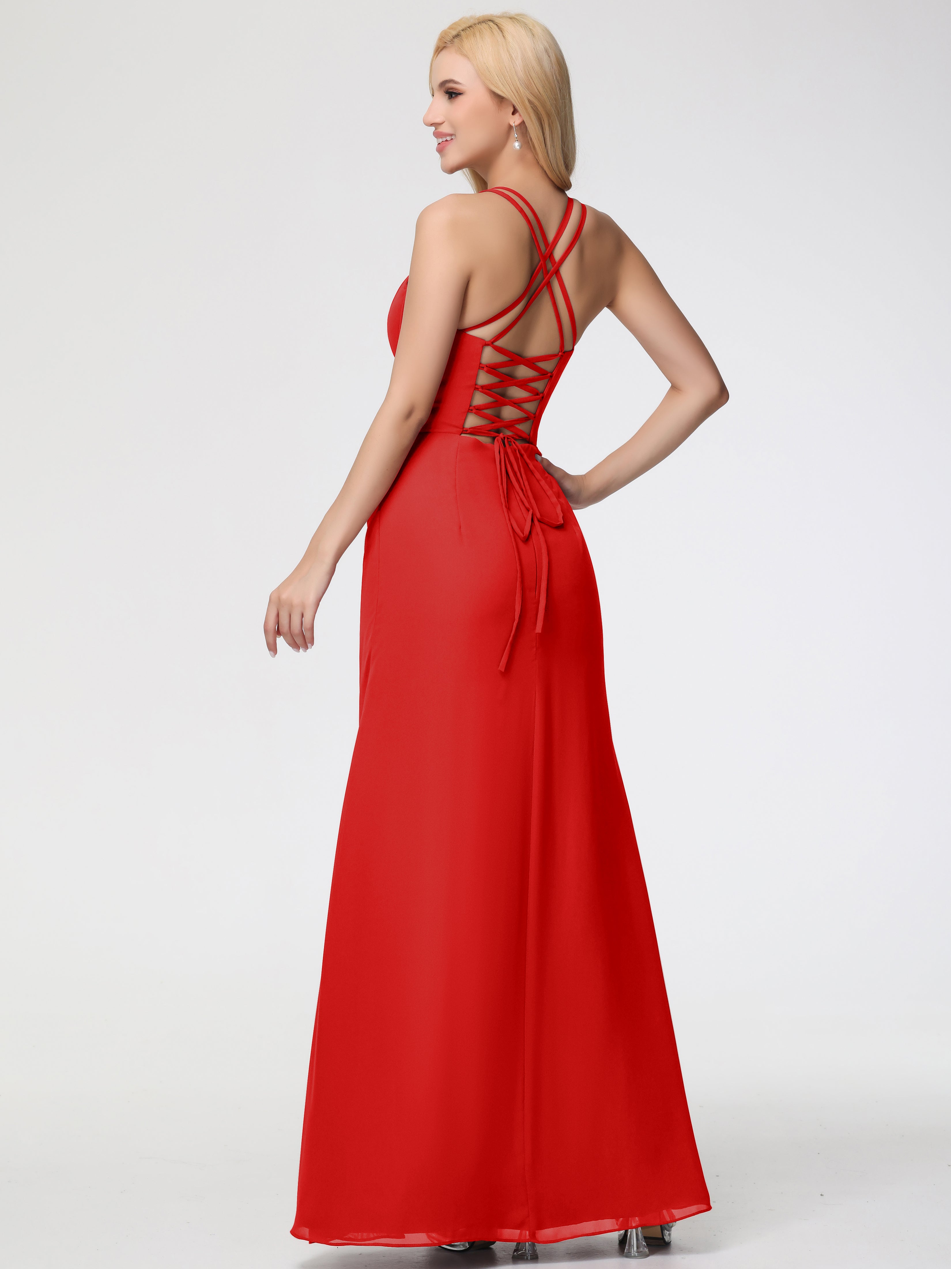 Spaghetti Straps Sheath/Column Long Chiffon Bridesmaid Dresses With Split (Copy)