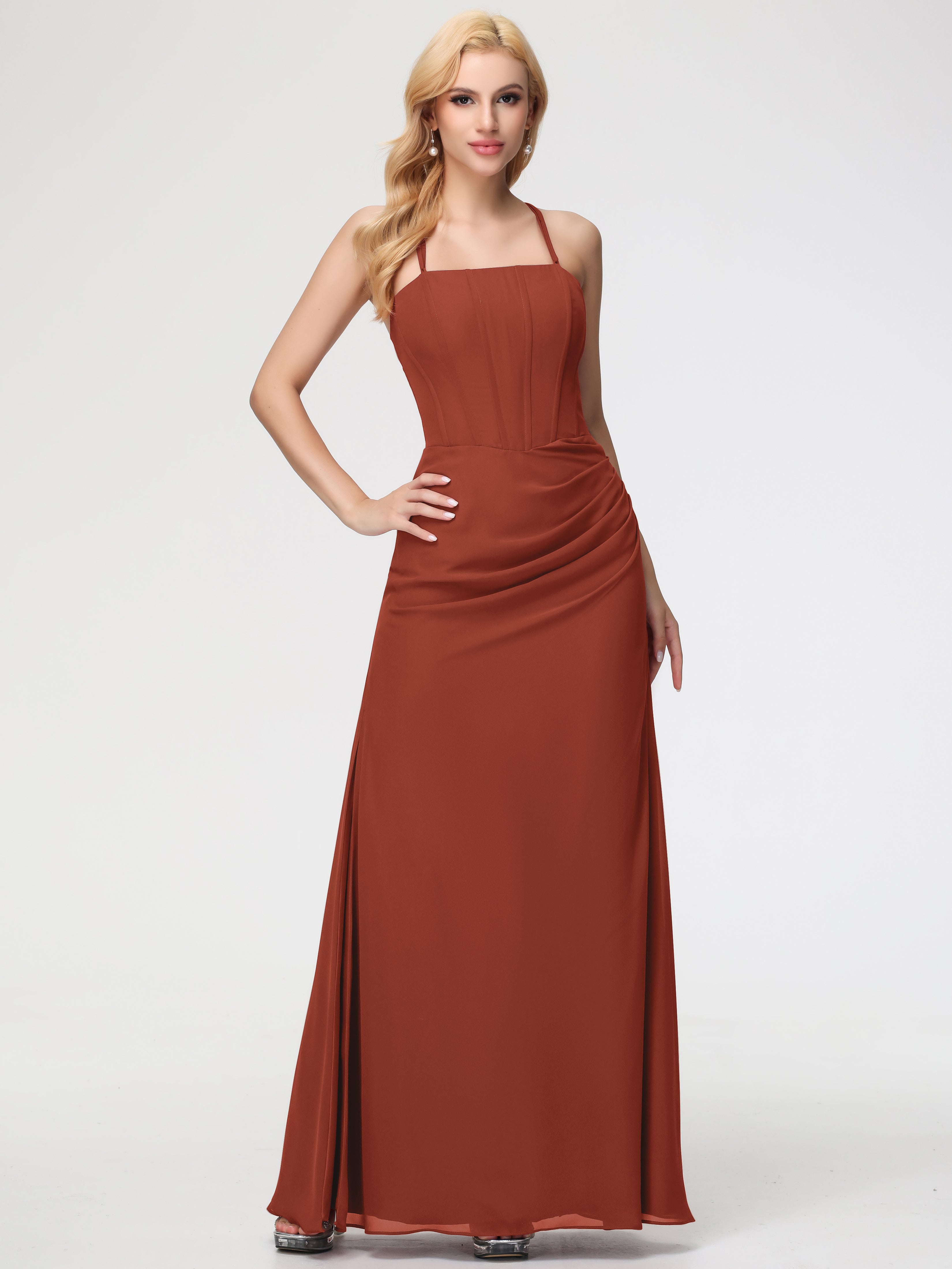Spaghetti Straps Sheath/Column Long Chiffon Bridesmaid Dresses With Split (Copy)