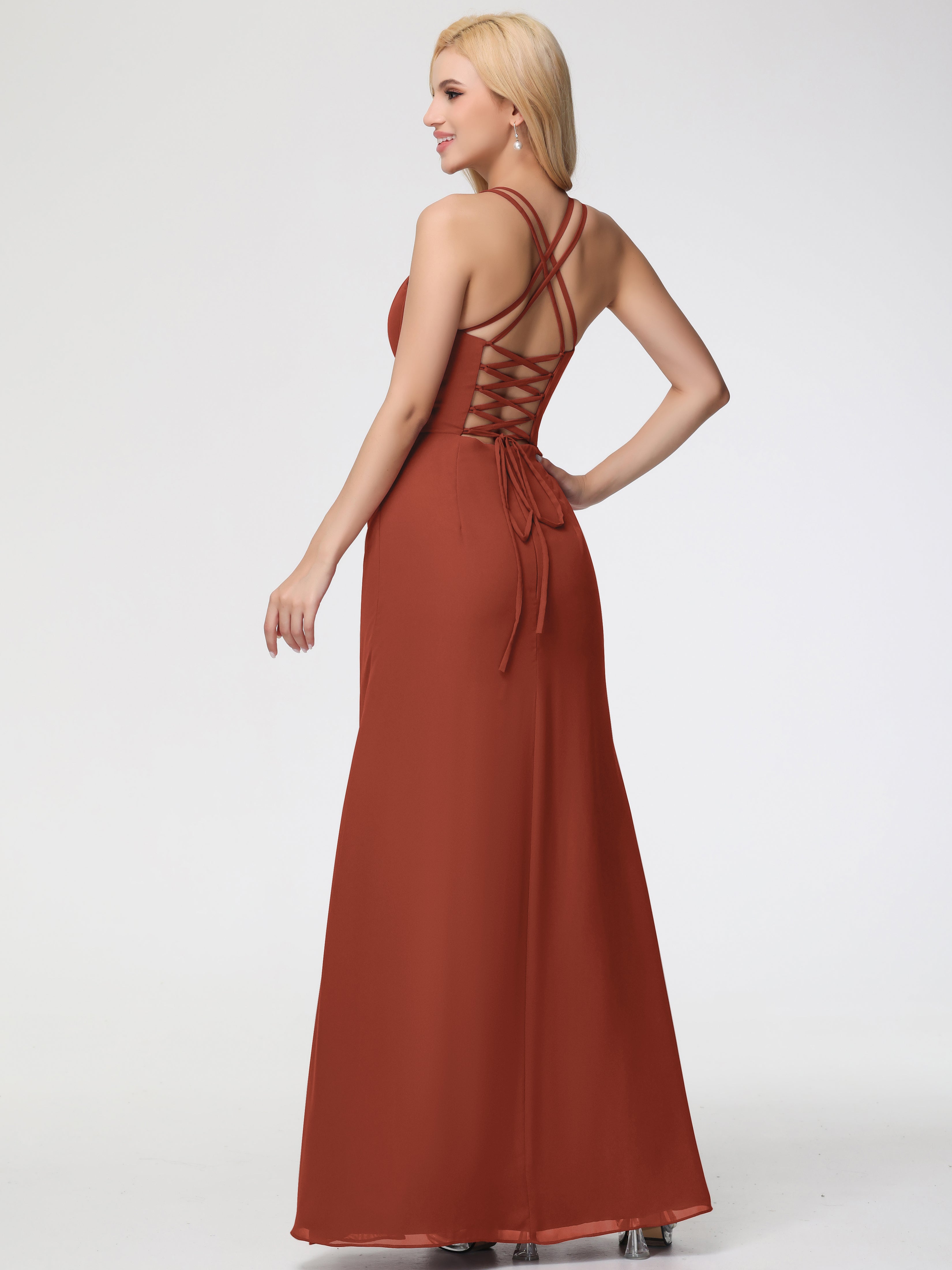 Spaghetti Straps Sheath/Column Long Chiffon Bridesmaid Dresses With Split (Copy)
