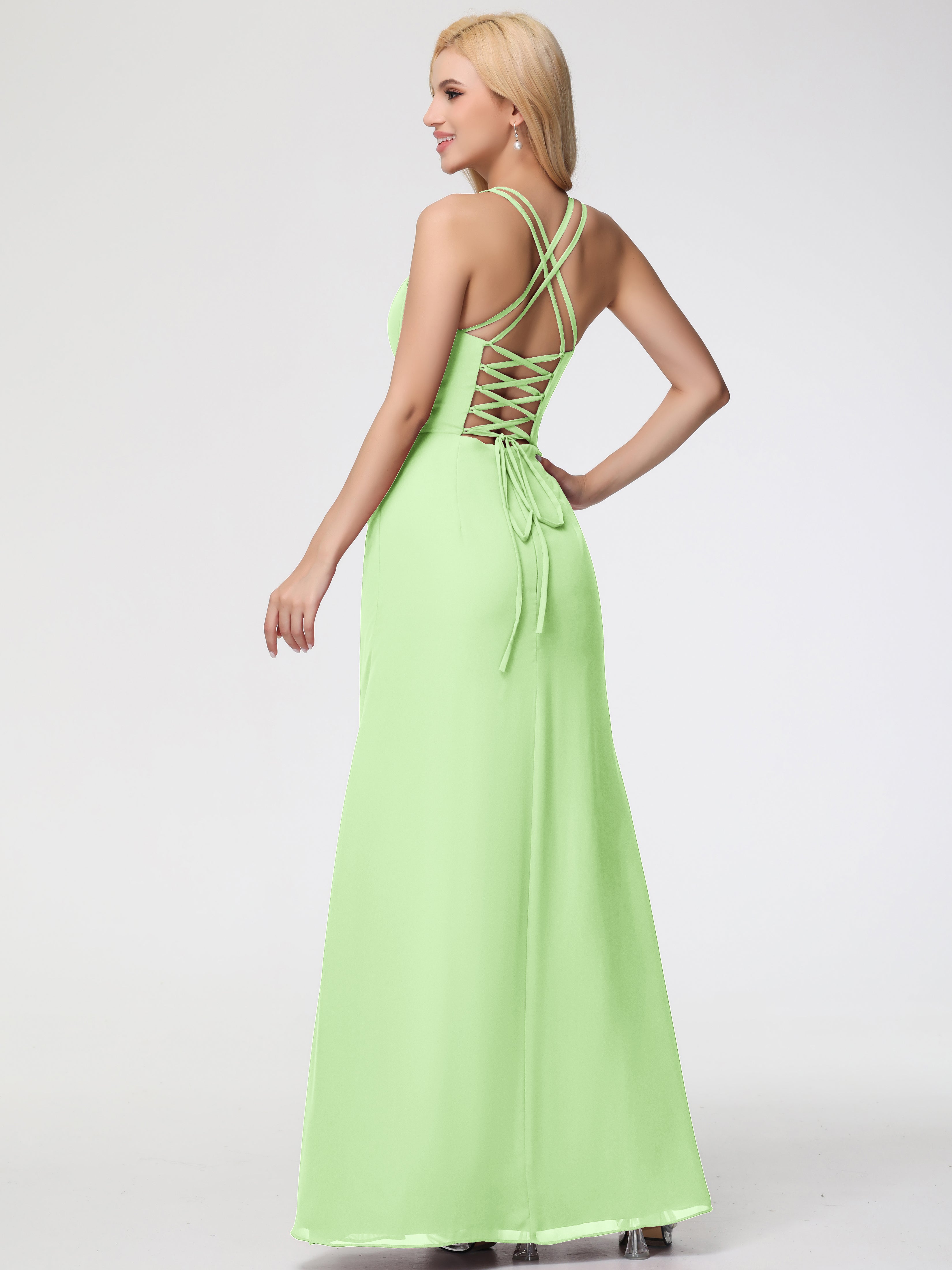Spaghetti Straps Sheath/Column Long Chiffon Bridesmaid Dresses With Split (Copy)