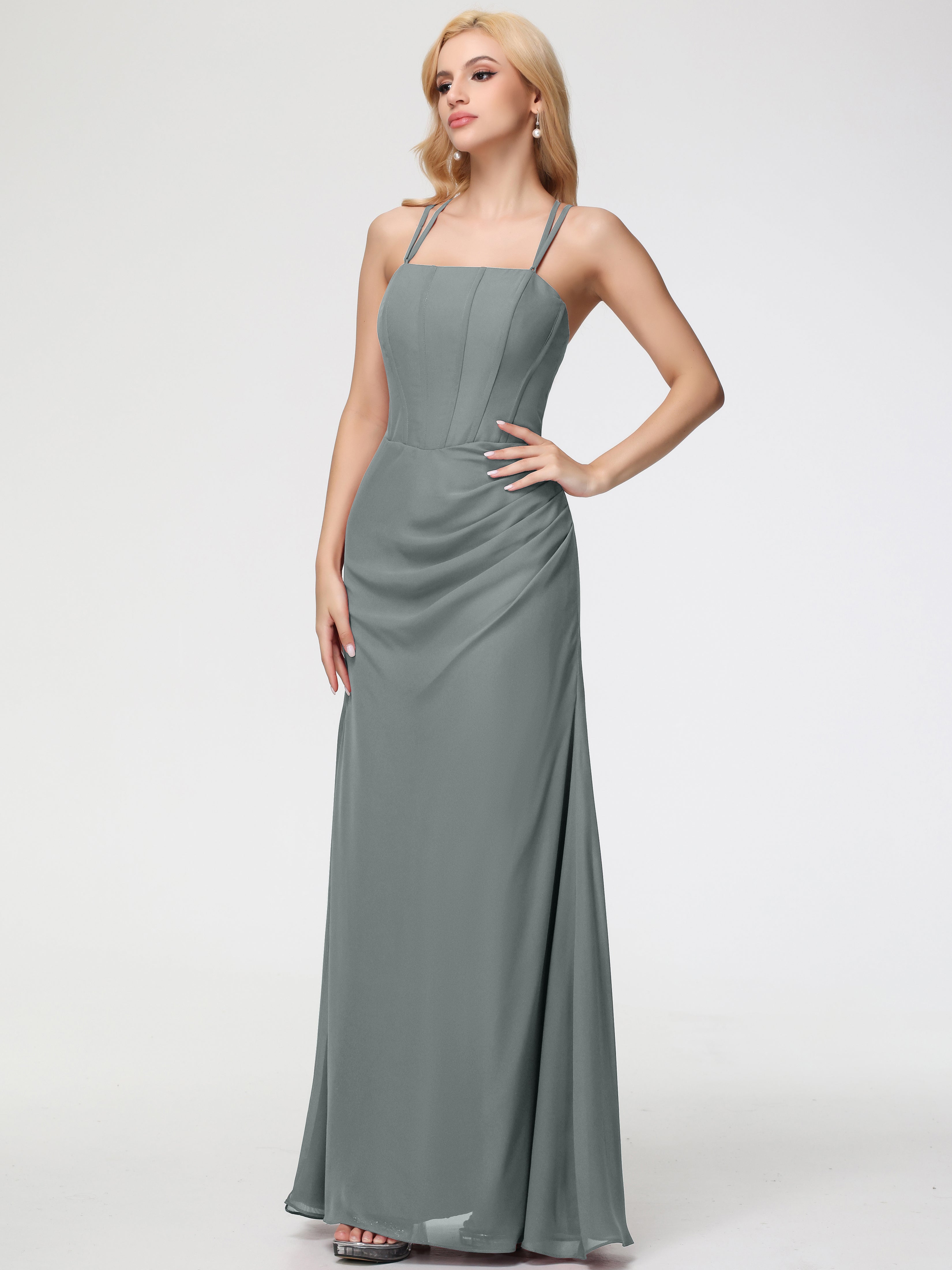 Spaghetti Straps Sheath/Column Long Chiffon Bridesmaid Dresses With Split (Copy)