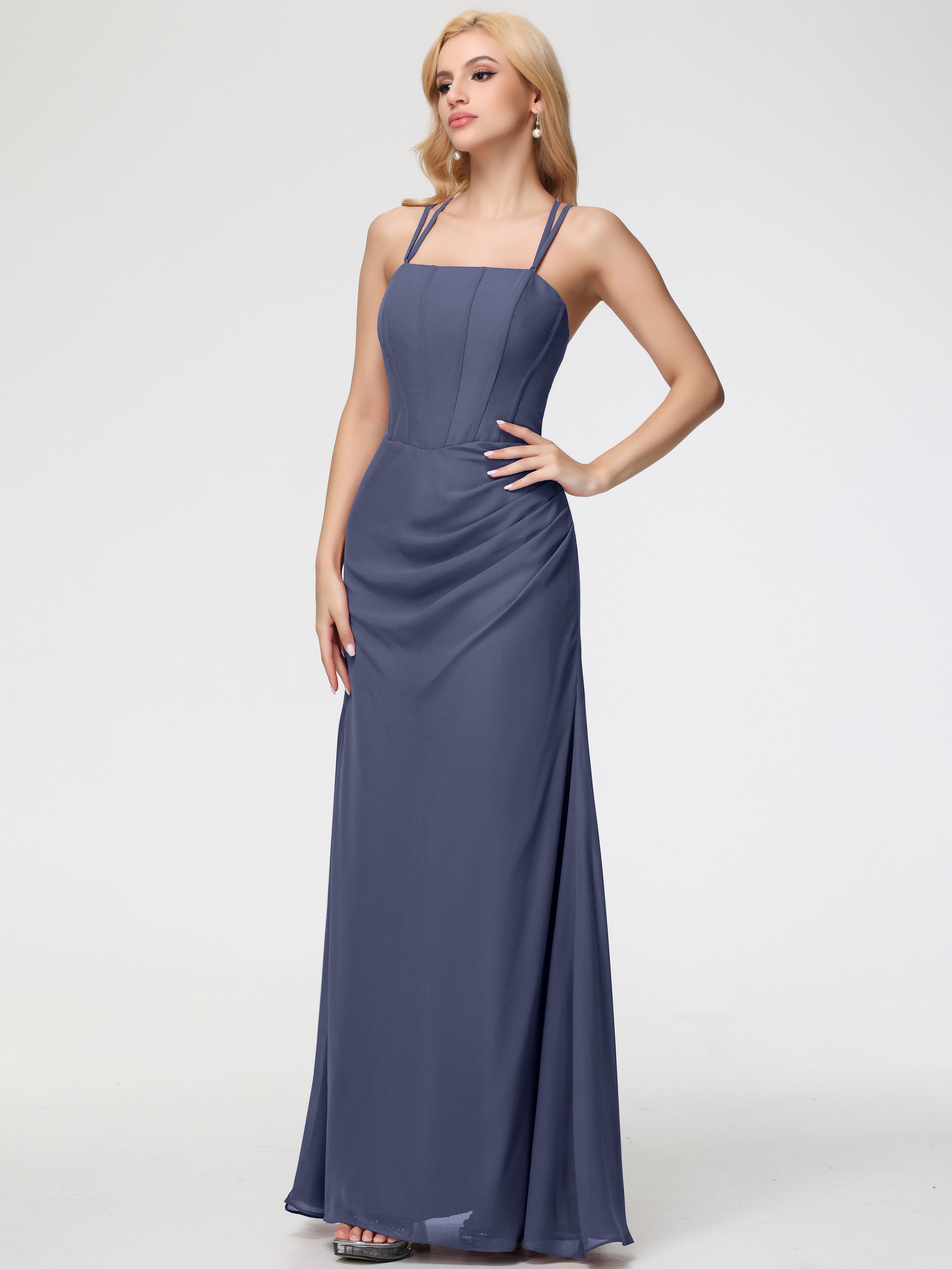 Spaghetti Straps Sheath/Column Long Chiffon Bridesmaid Dresses With Split (Copy)