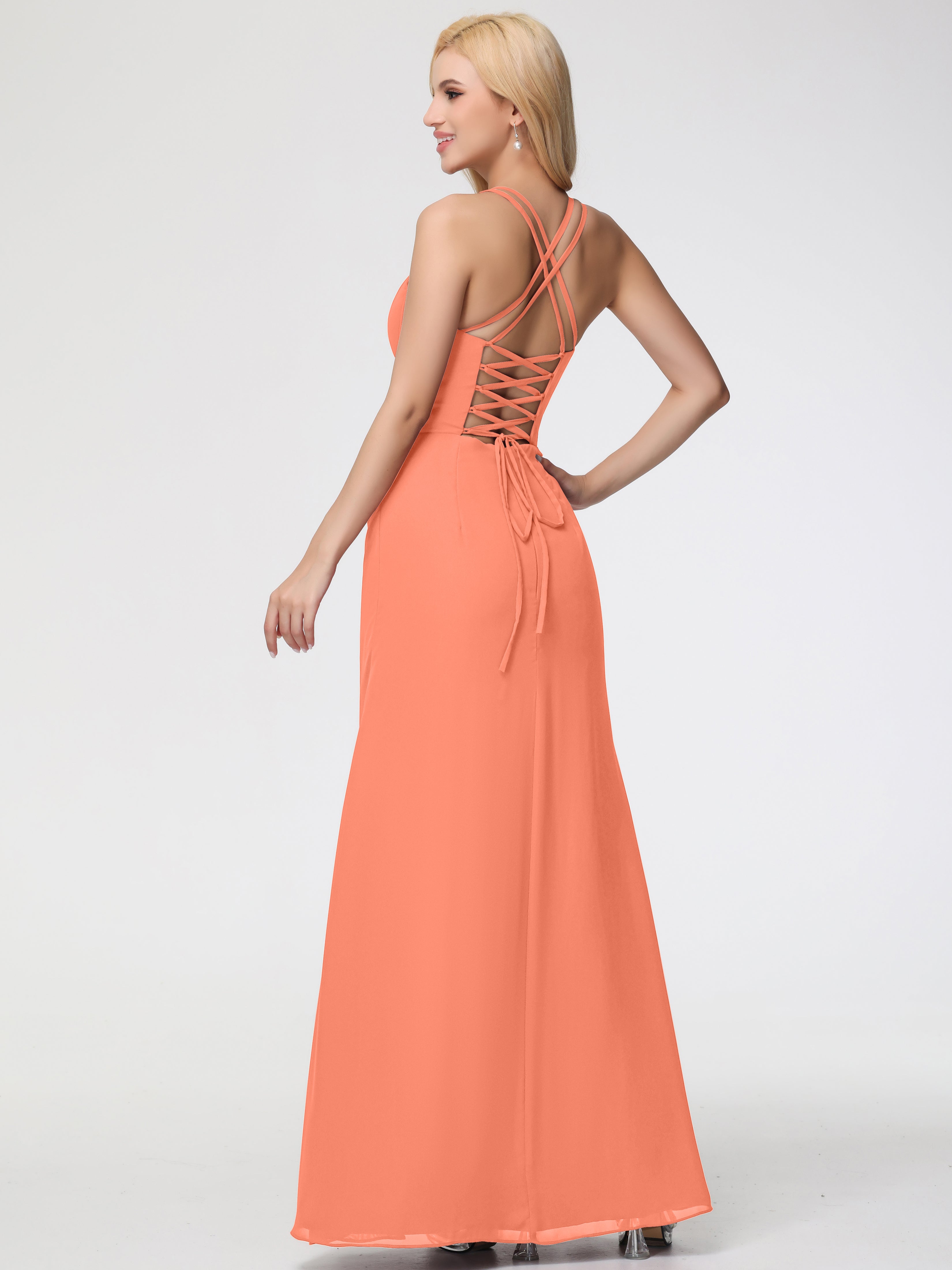 Spaghetti Straps Sheath/Column Long Chiffon Bridesmaid Dresses With Split (Copy)