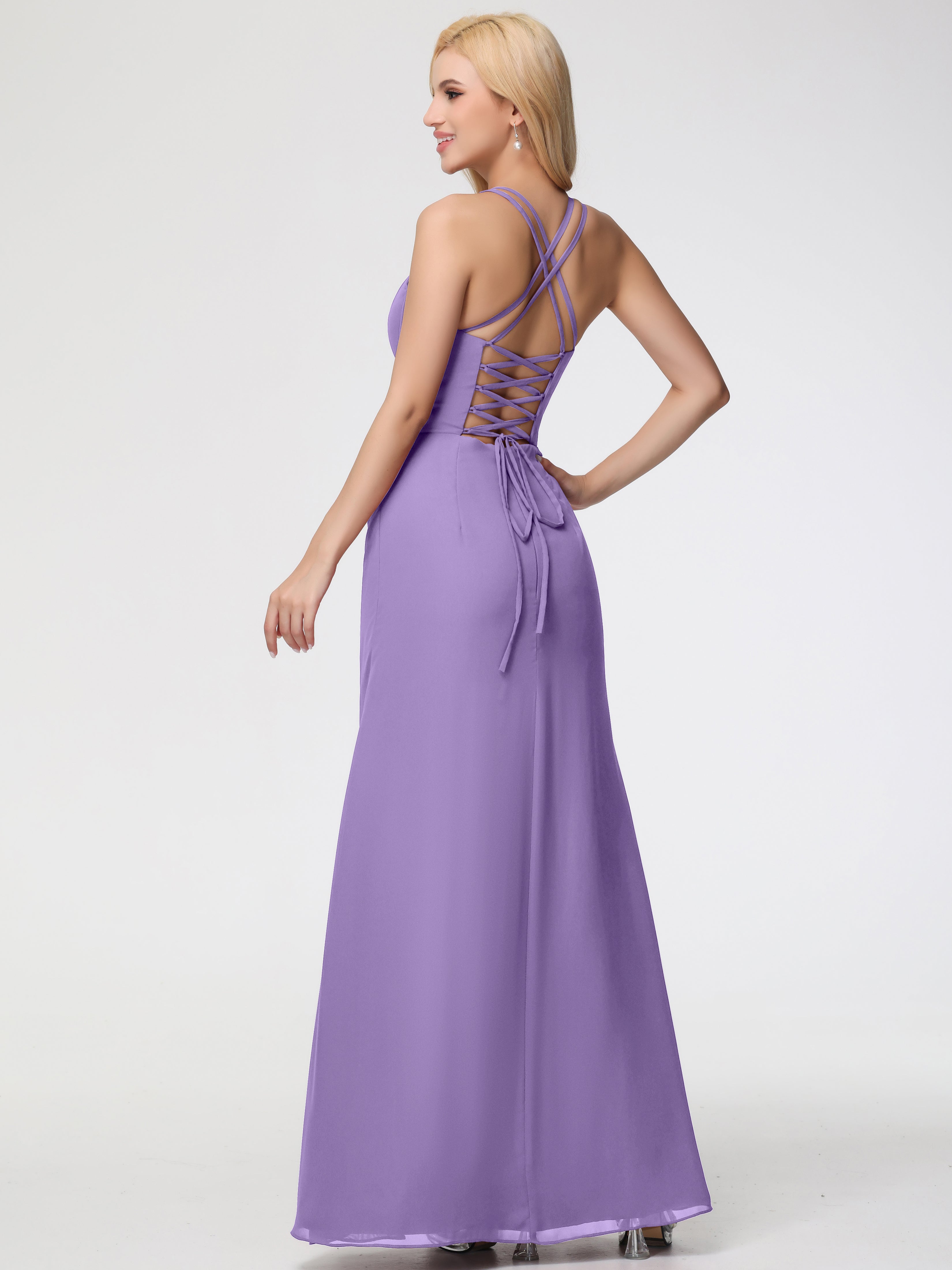 Spaghetti Straps Sheath/Column Long Chiffon Bridesmaid Dresses With Split (Copy)